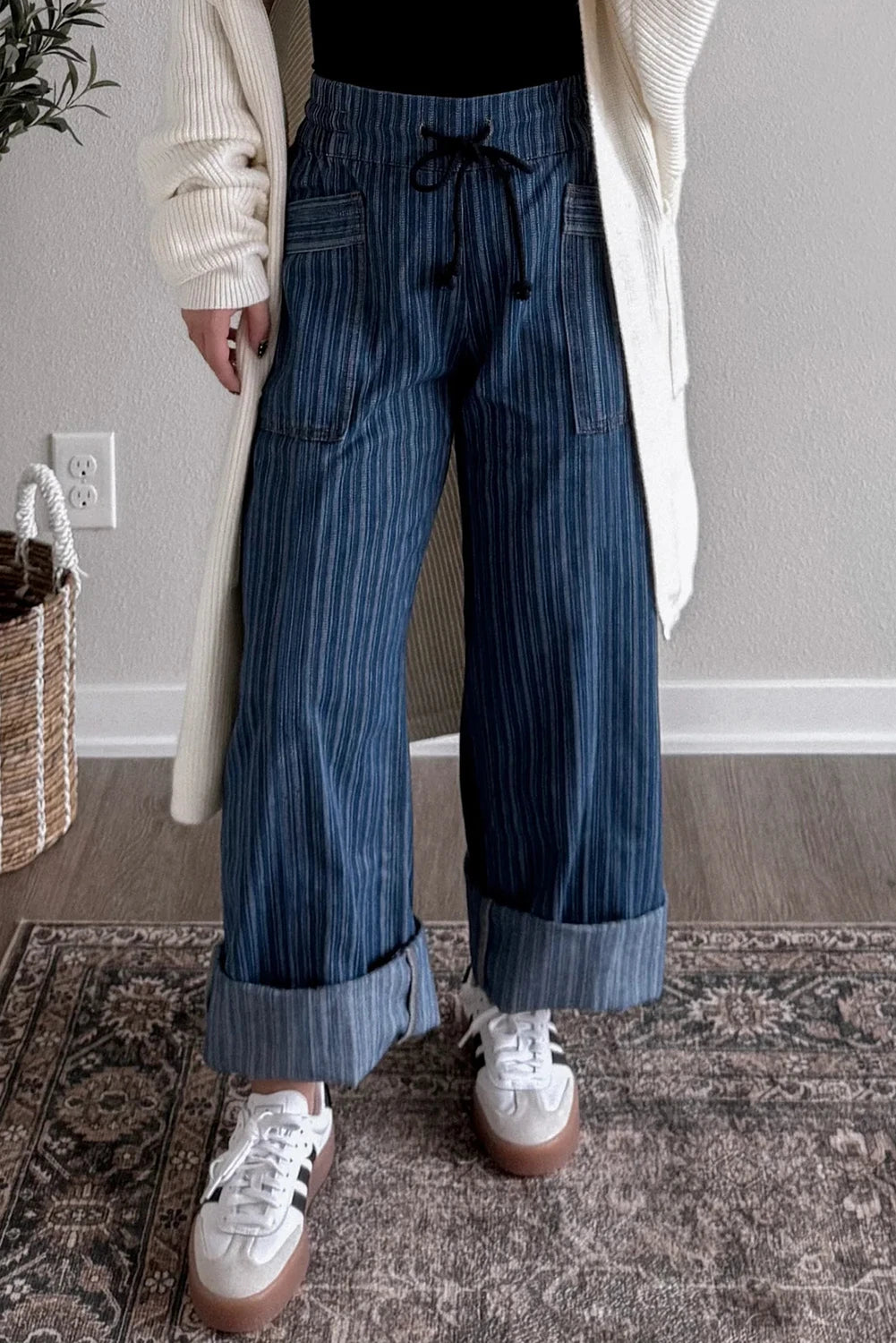 DARK DENIM STRIPED DAWSTRING JEANS