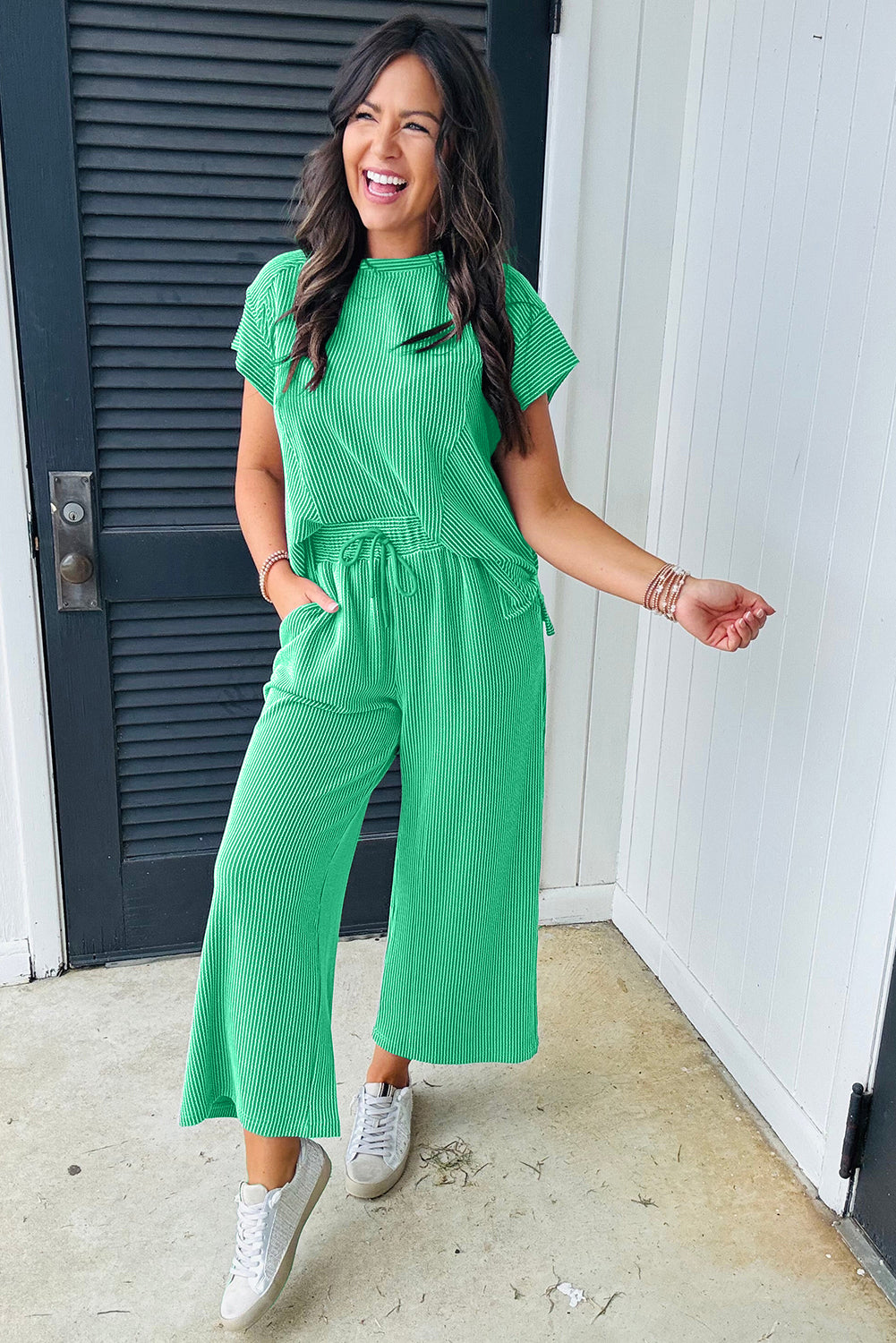 GREEN RAISED RIBBED WIDE LEG SET