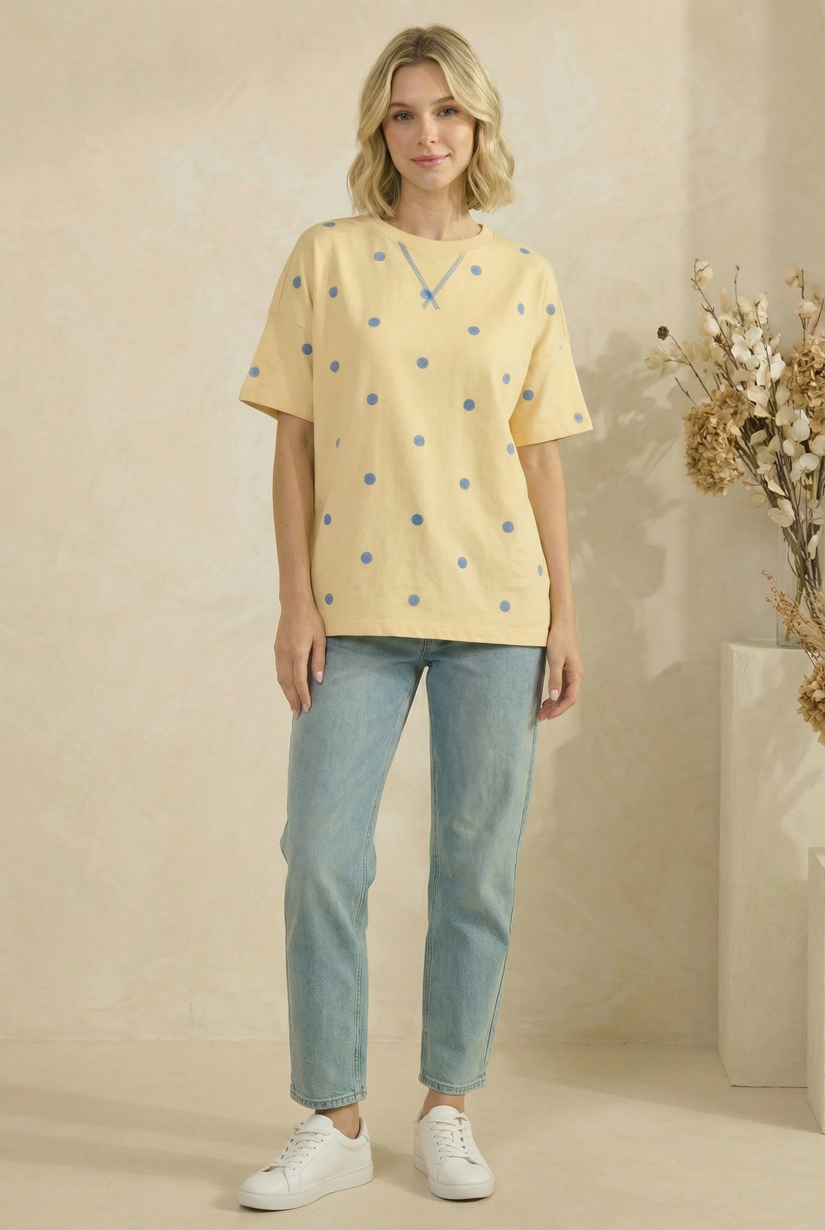 YELLOW/BLUE POLKADOT KNIT TOP