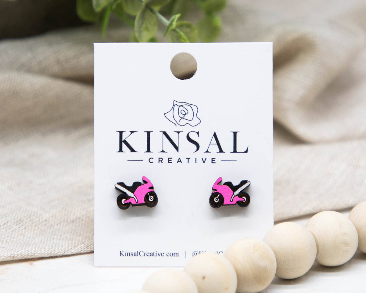 Kinsal Creative - Motorcycle Wood Stud Earrings: Red