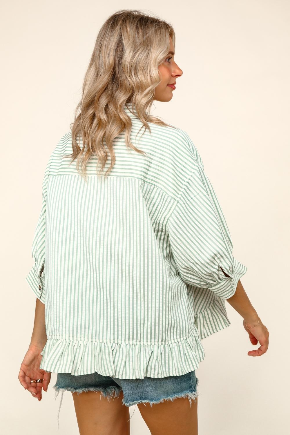 SAGE STRIPED BUTTON DOWN RUFFLE TOP