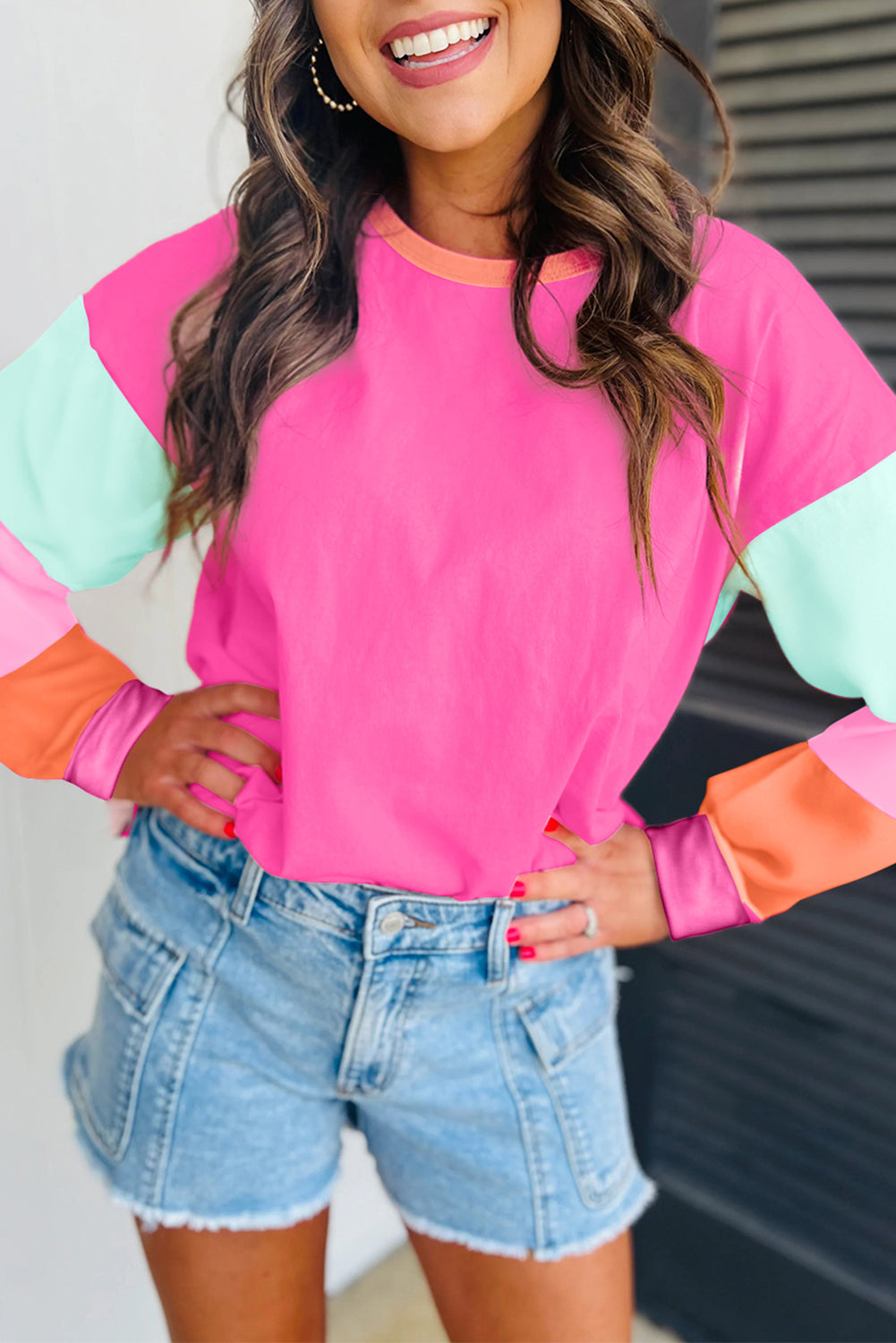 BRIGHT PINK KNIT TOP W/ COLORBLOCK SLEEVES