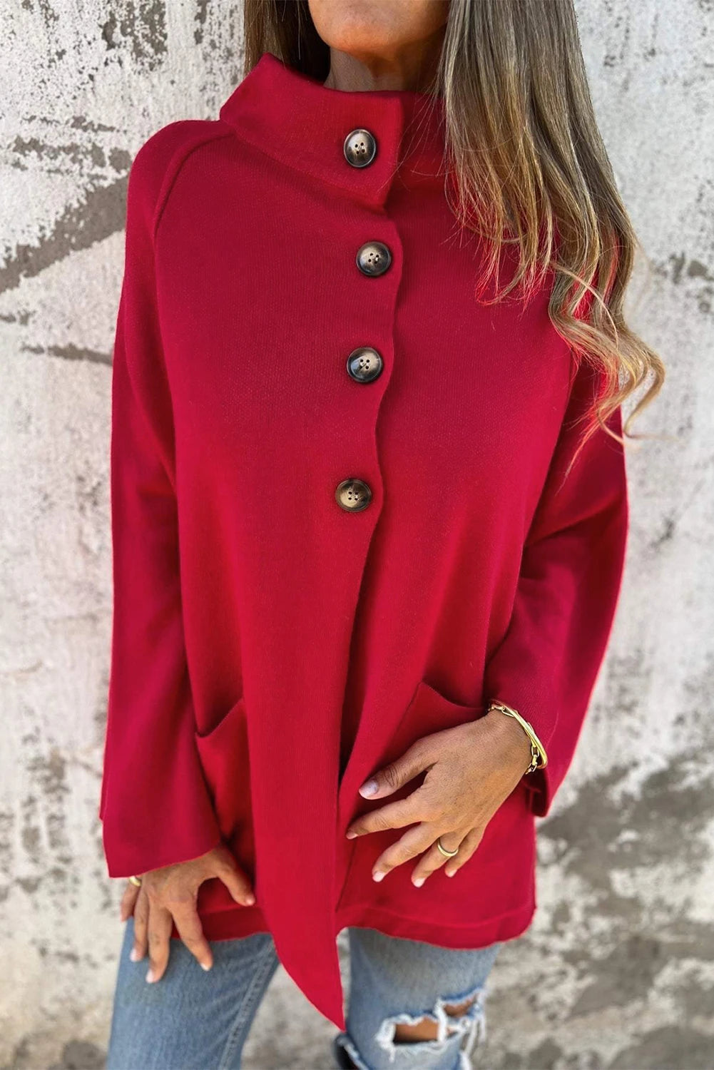 RED COLLARED BUTTON FRONT WRAPPED CARDIGAN/SWEATER