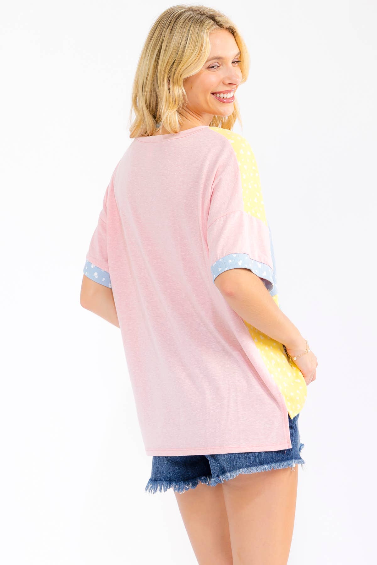 7th Ray - Floral Patchwork Short Sleeve Top T6303: Aqua / S