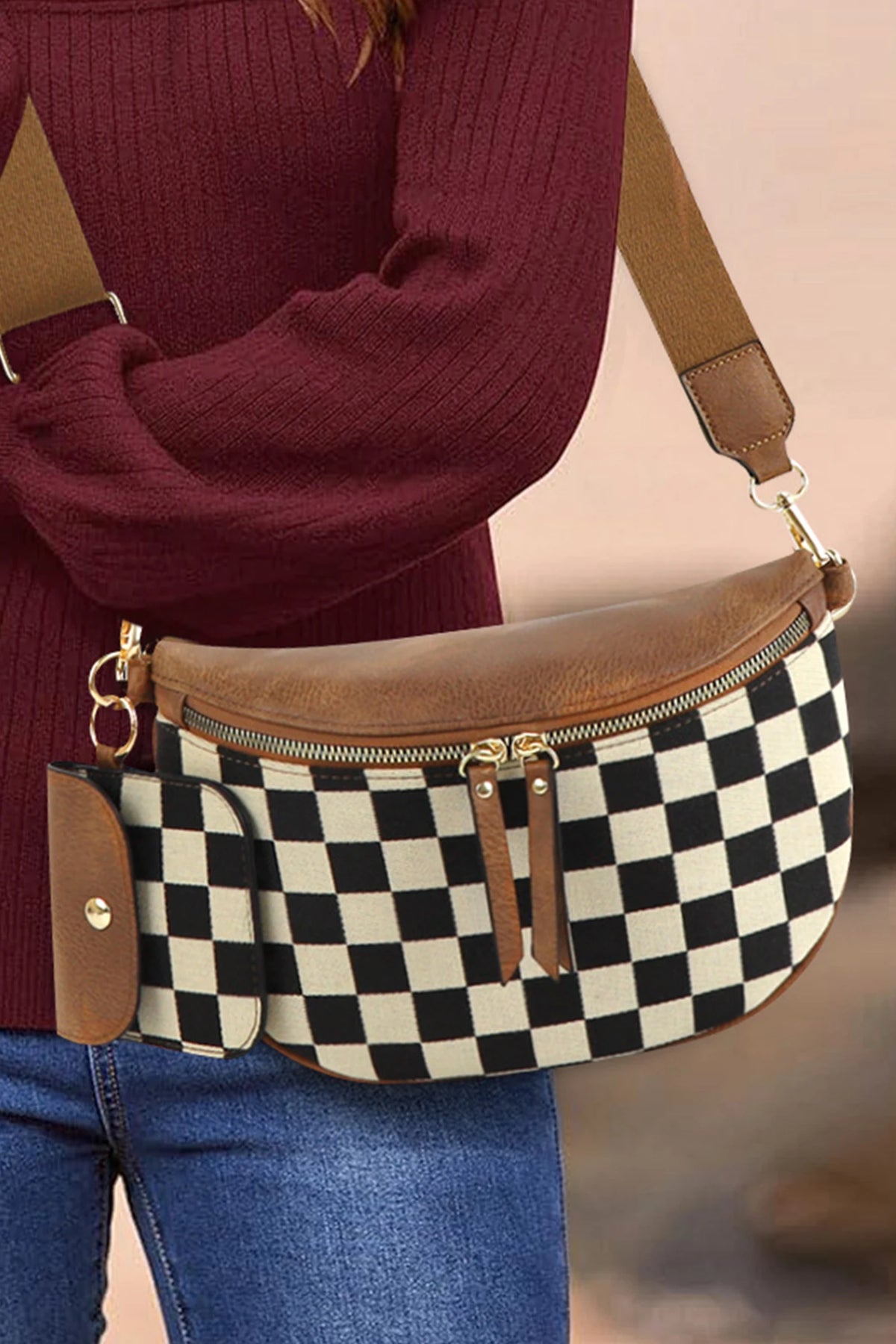 COFFEE CHECKERED SHOULDER BAG
