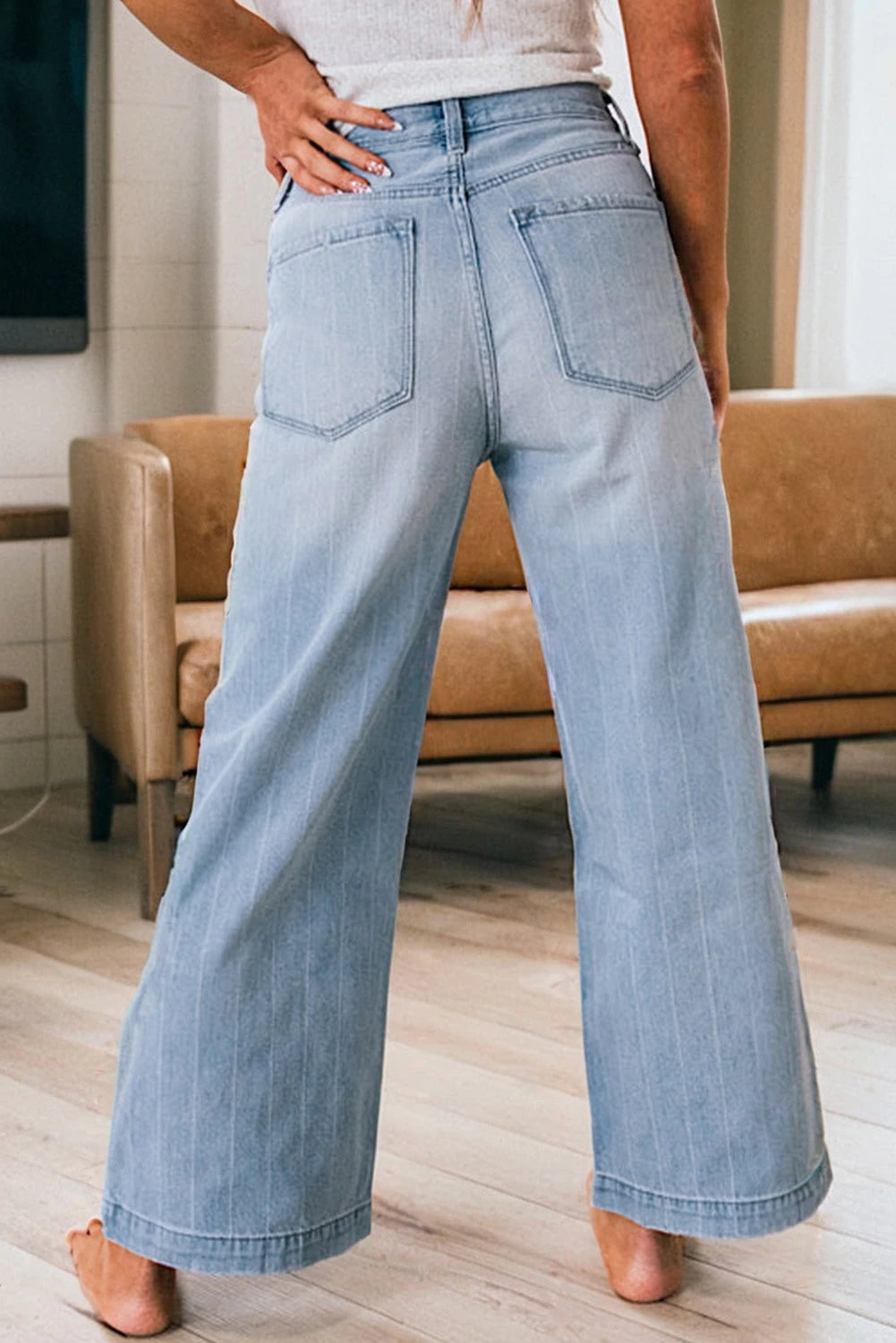 LIGHT DENIM PIN STRIPE MULTI BUTTON WIDE LEG JEANS