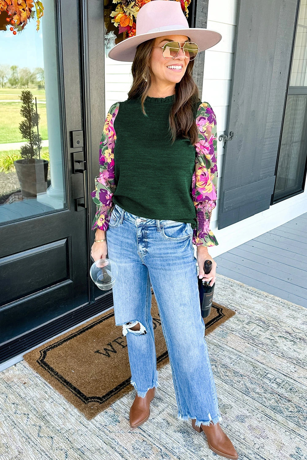 GREEN SWEATER WITH CONTRASTING FLORAL SLEEVES