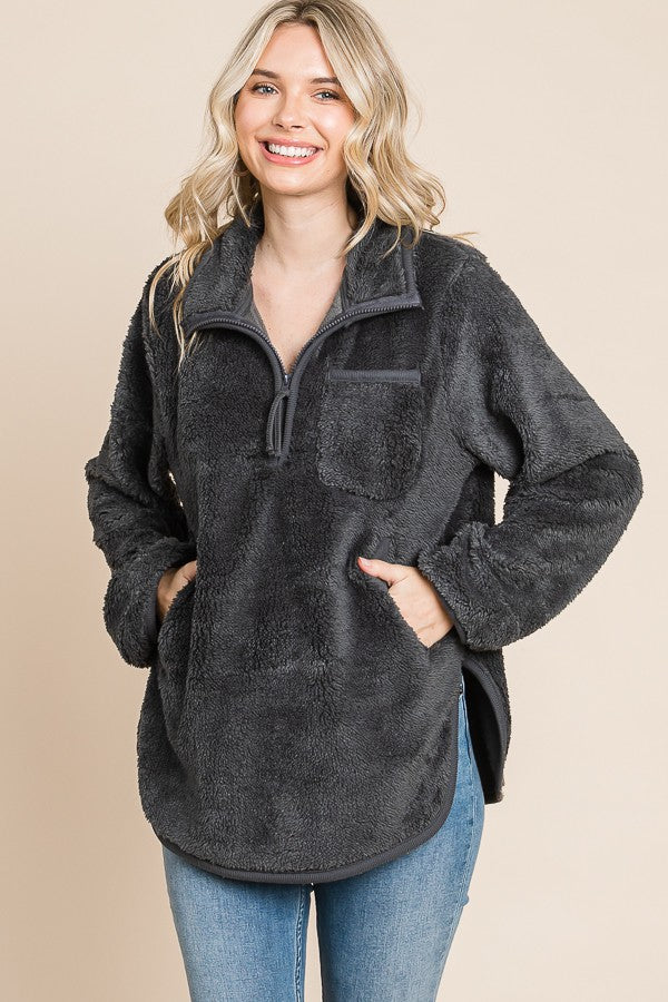 H CHARCOAL FAUX FUR SOLID LONG SLEEVE FRONT HALF ZIP UP TOP