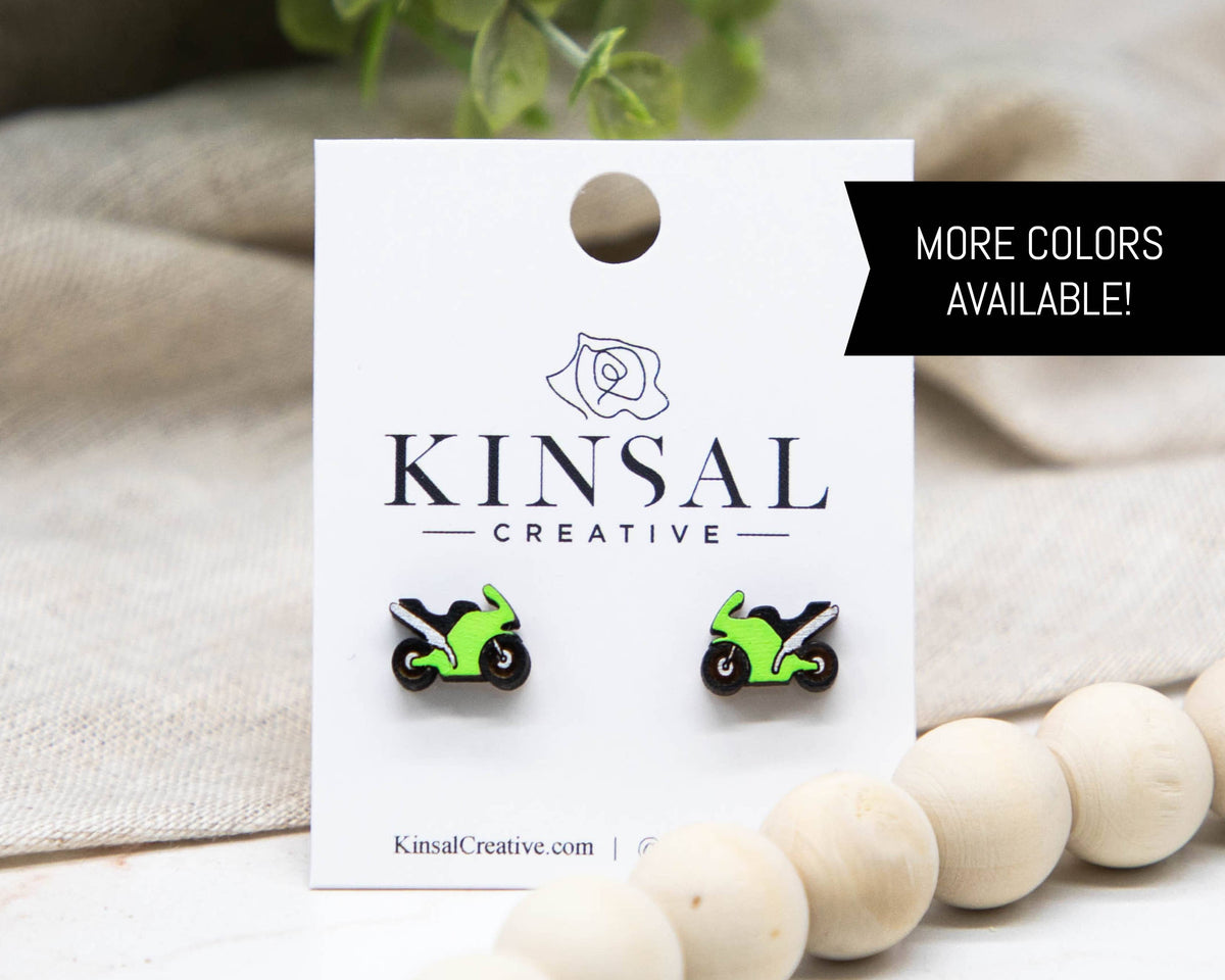 Kinsal Creative - Motorcycle Wood Stud Earrings: Red