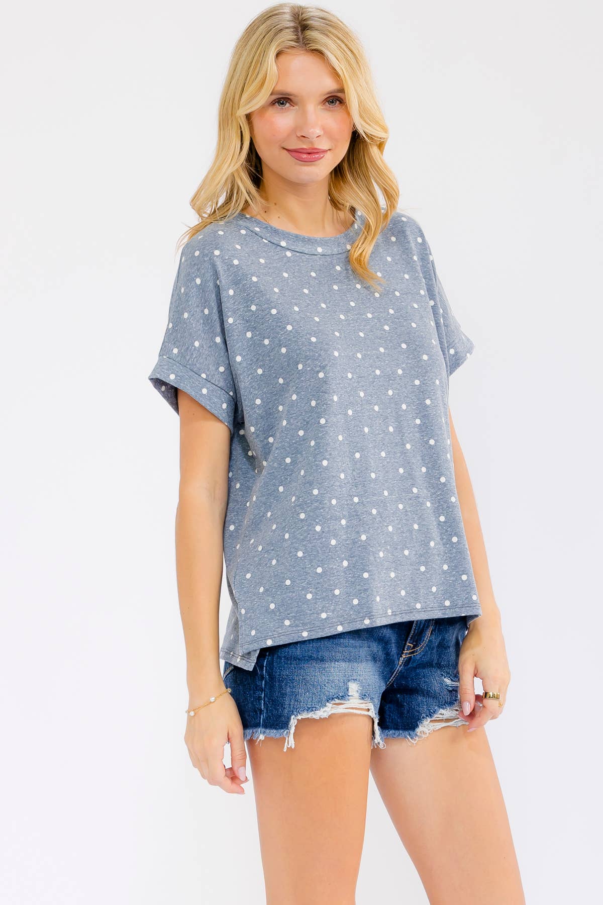 HEATHERED DENIM POLKA DOT KNIT TOP