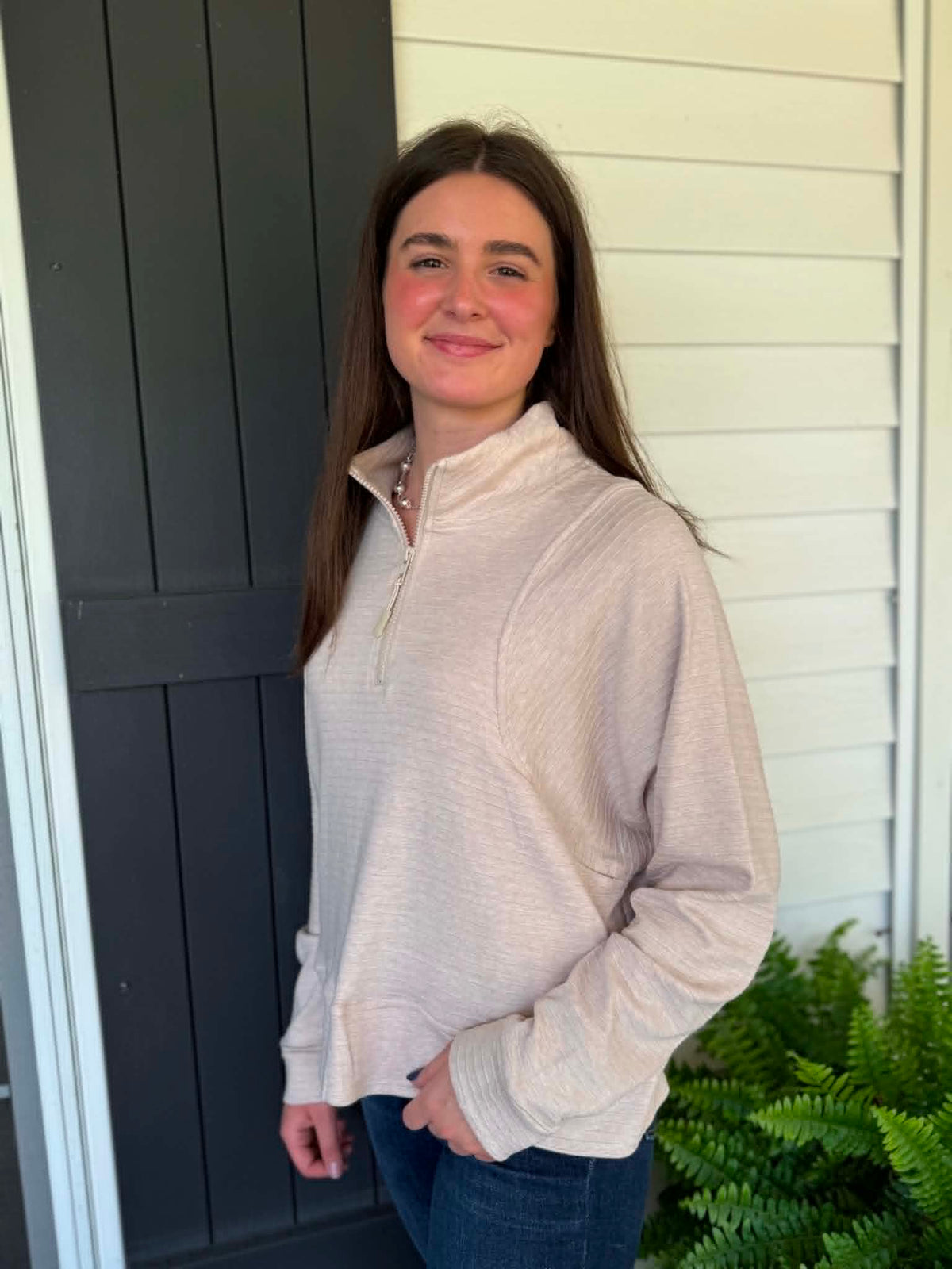 Oatmeal Stripe Textured Half Zip Up Long Sleeve Sweatshirt