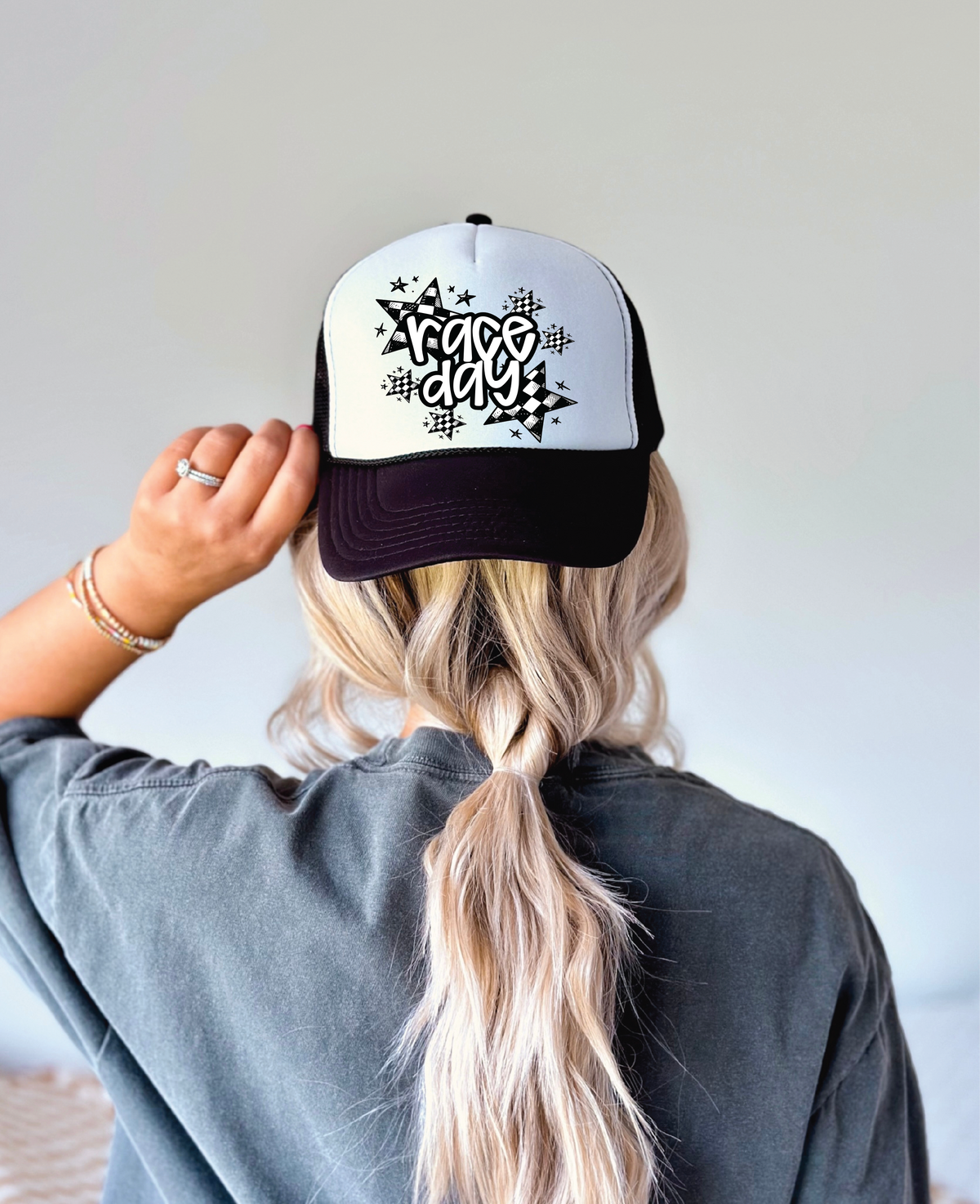 Southern Attitude Designs Inc - Race Day DTF Printed Black & White Trucker Hat