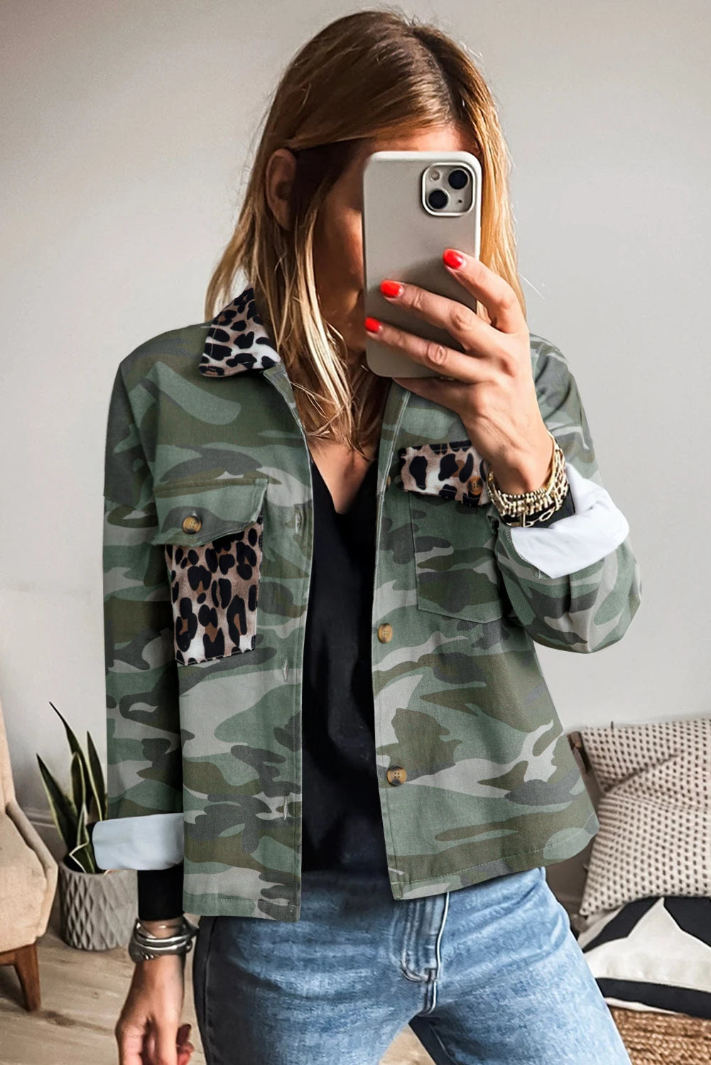 CAMO/LEOPARD BUTTON LIGHT WEIGHT JACKET