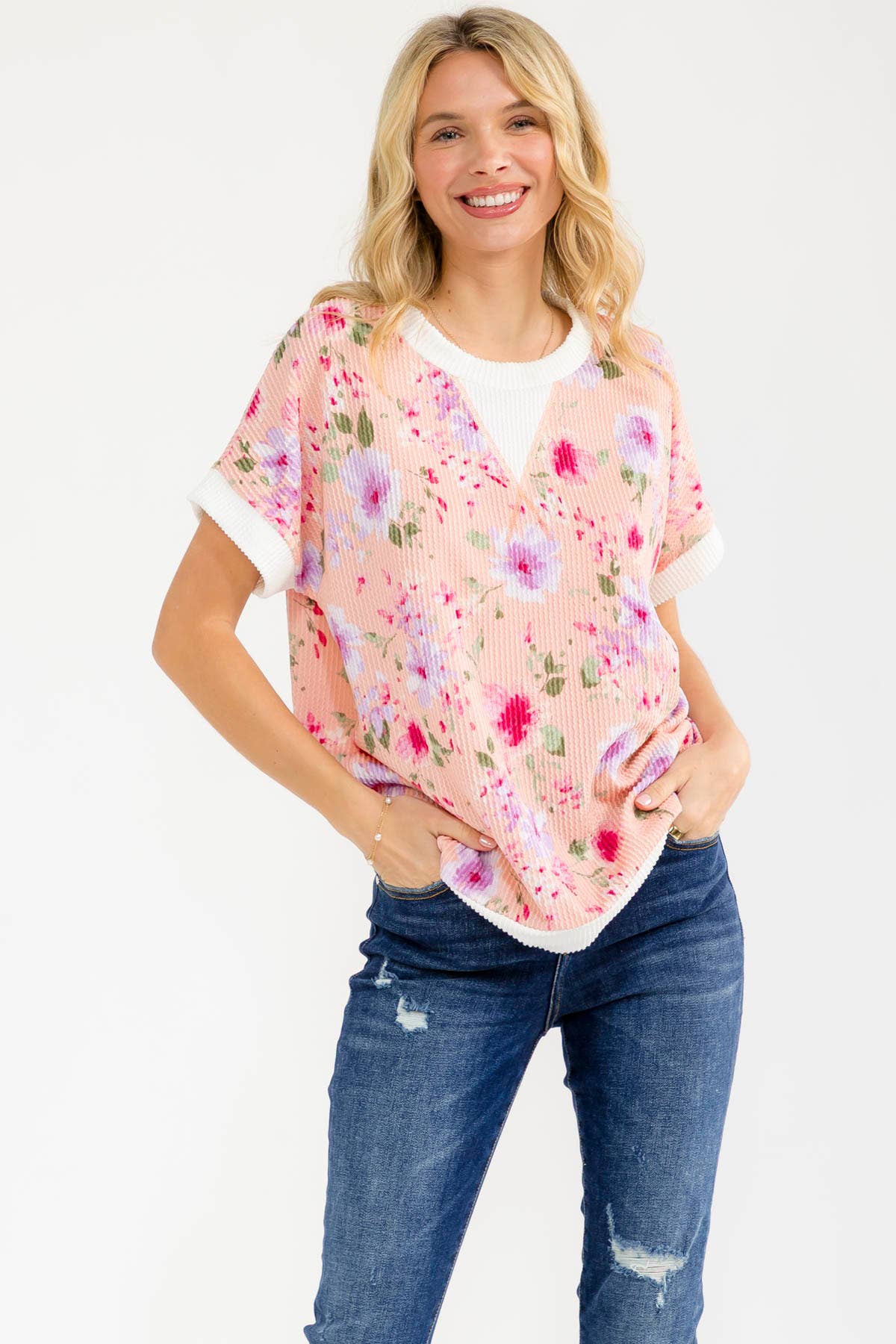 PEACH FLORAL RAISED RIBBED KNIT TOP