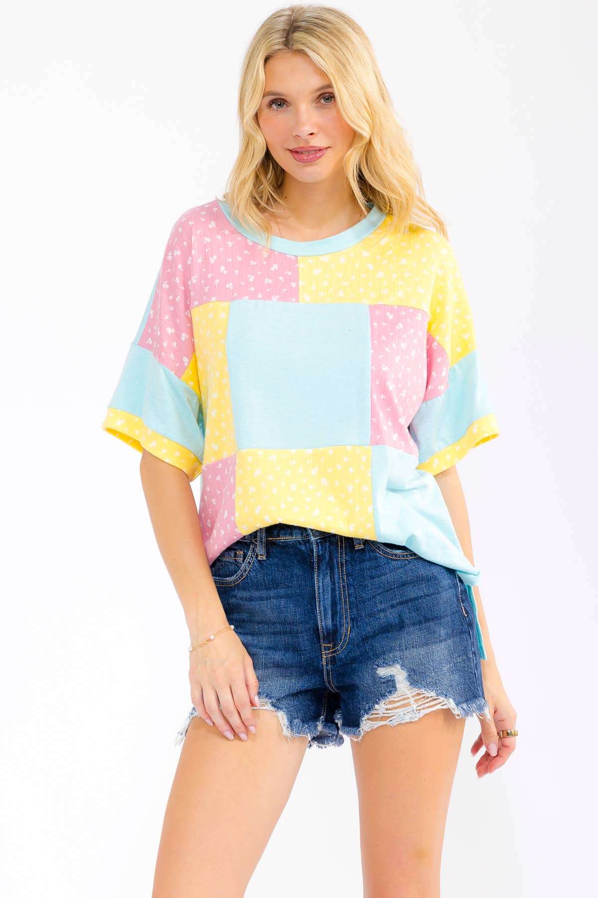 7th Ray - Floral Patchwork Short Sleeve Top T6303: Aqua / S