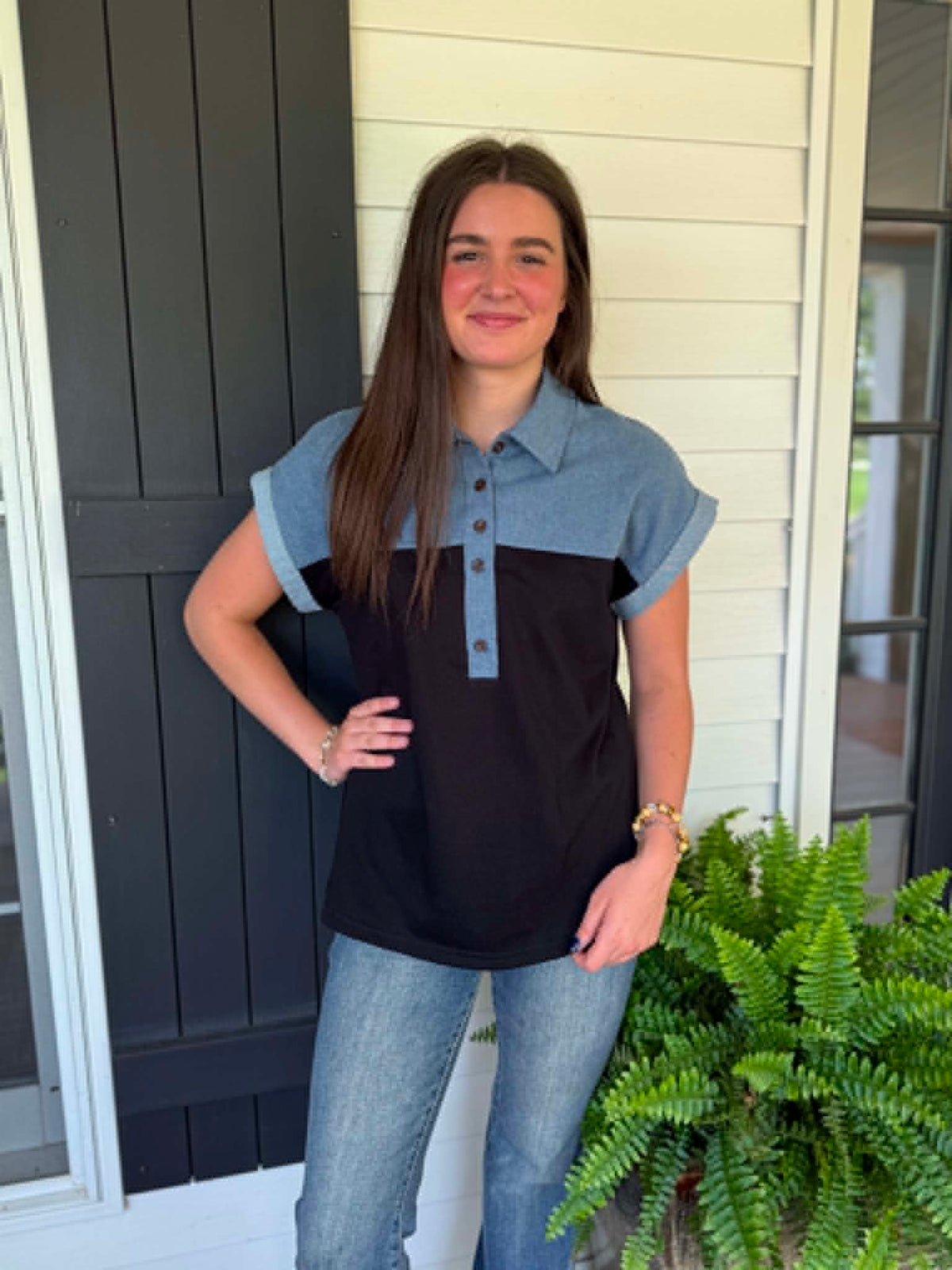 BLACK/DENIM COLORBLOCK BUTTON DOWN KNIT TOP