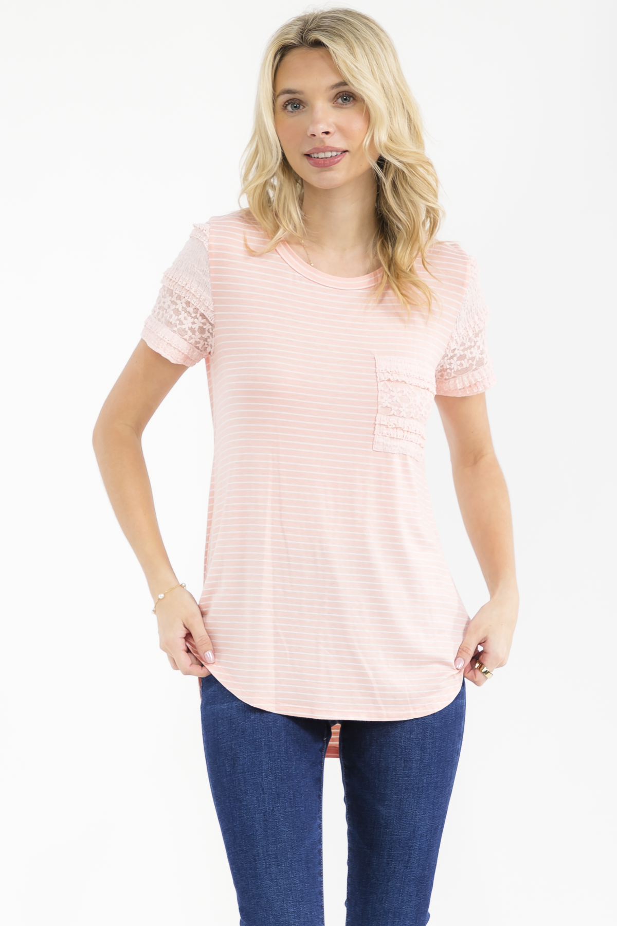 PEACH STRIPED KNIT TOP W/ LACE TRIM