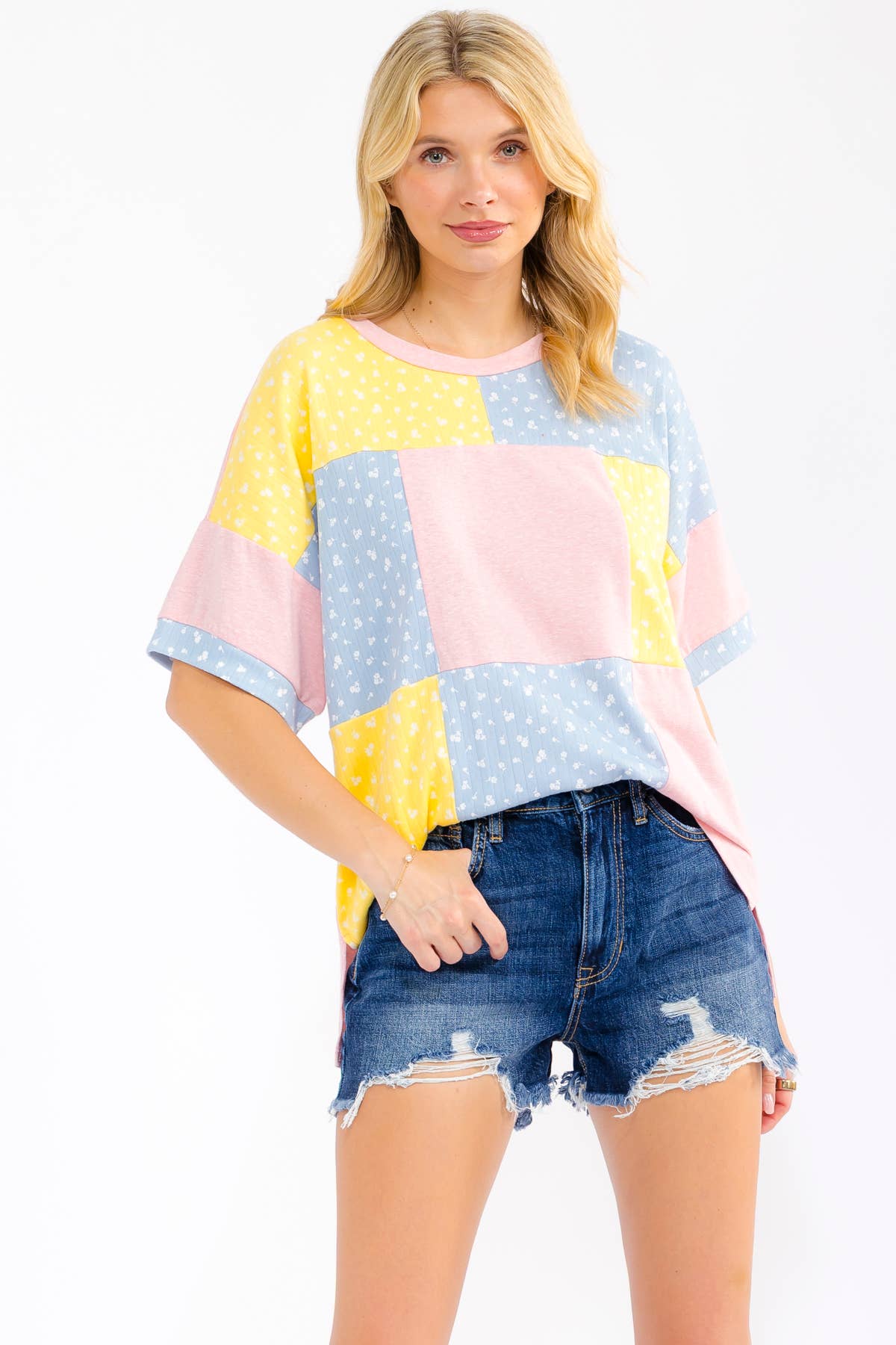 7th Ray - Floral Patchwork Short Sleeve Top T6303: Aqua / S