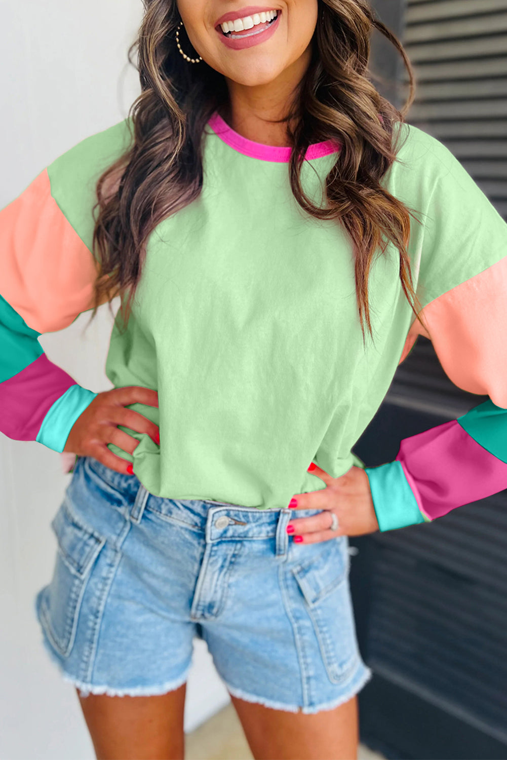 GREEN KNIT TOP W/ COLORBLOCK SLEEVES