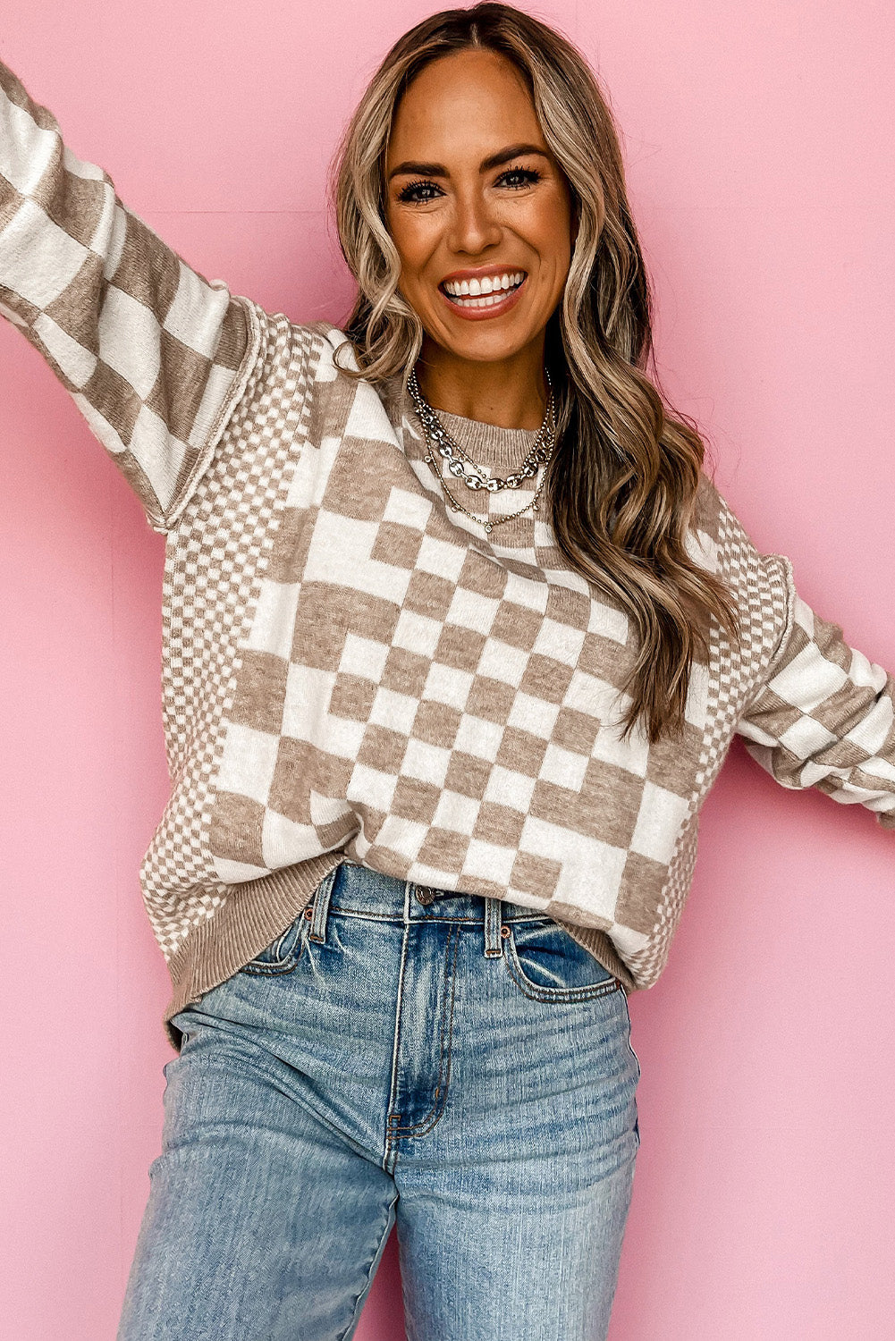 KHAKI CHECKERED DROP SHOULDER SWEATER