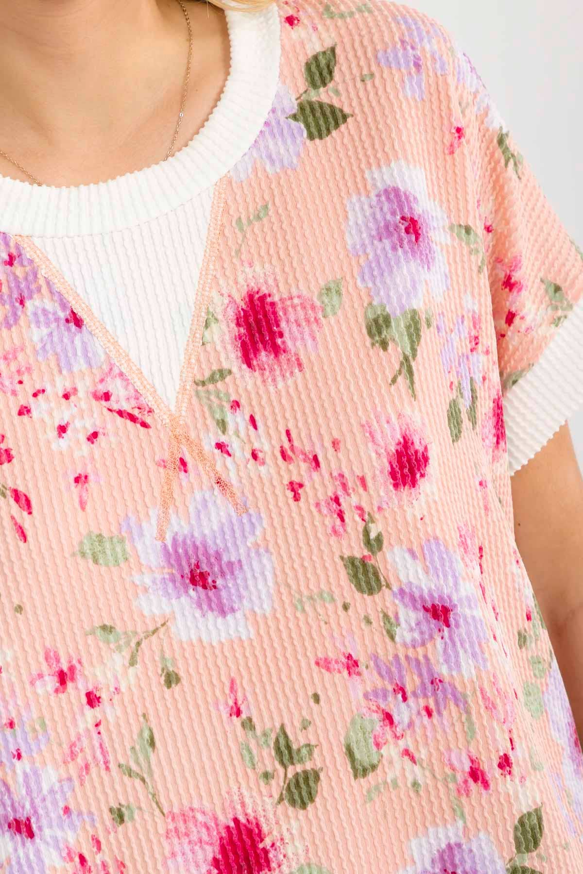 PEACH FLORAL RAISED RIBBED KNIT TOP