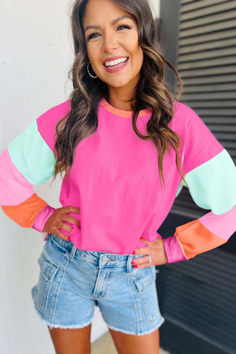 BRIGHT PINK KNIT TOP W/ COLORBLOCK SLEEVES