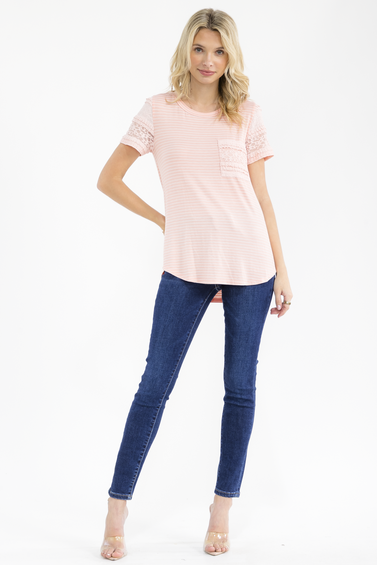 PEACH STRIPED KNIT TOP W/ LACE TRIM