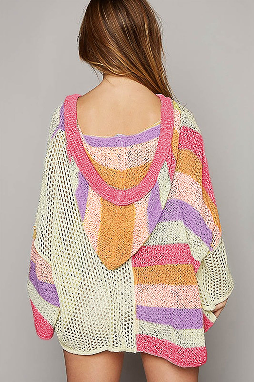 MULTI STRIPED OPEN KNIT OVERSIZED HOODED TOP