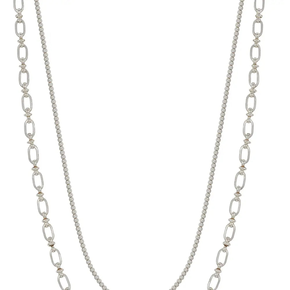 Water Resistant 2mm Beaded and Silver Chain Layered 16"-18" Necklace