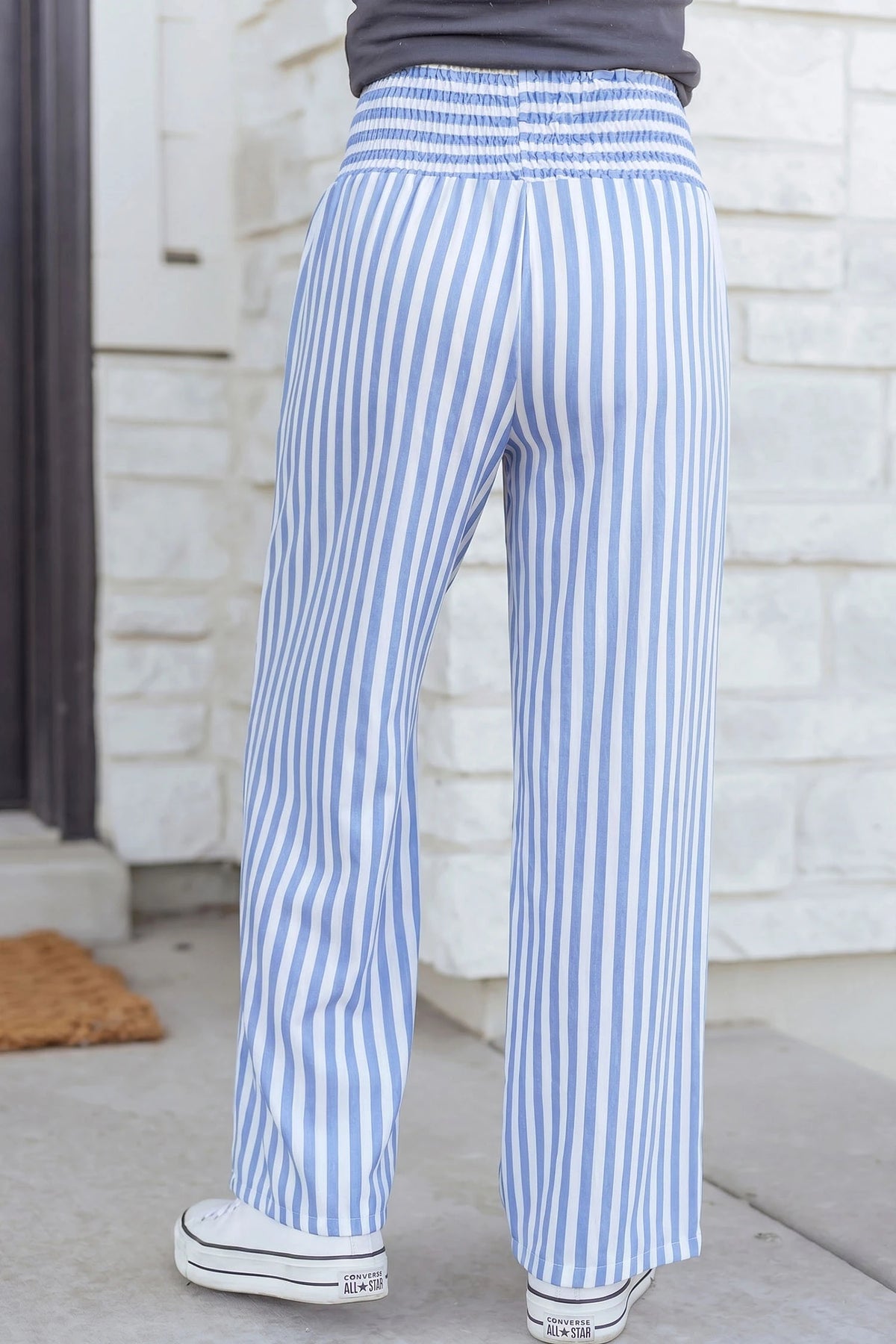 BLUE STRIPED SMOCK WAIST WIDE LEG PANTS