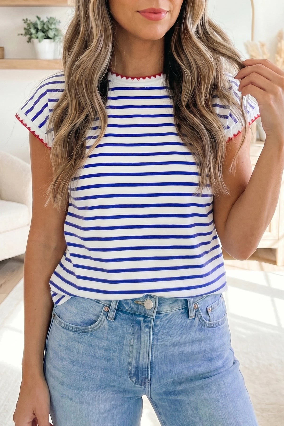 BLUE/WHITE STRIPED KNIT TOP W/ PINK TRIM