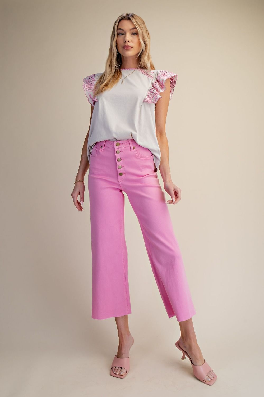 PINK BUTTON FRONT WIDE LEG STRETCH JEAN