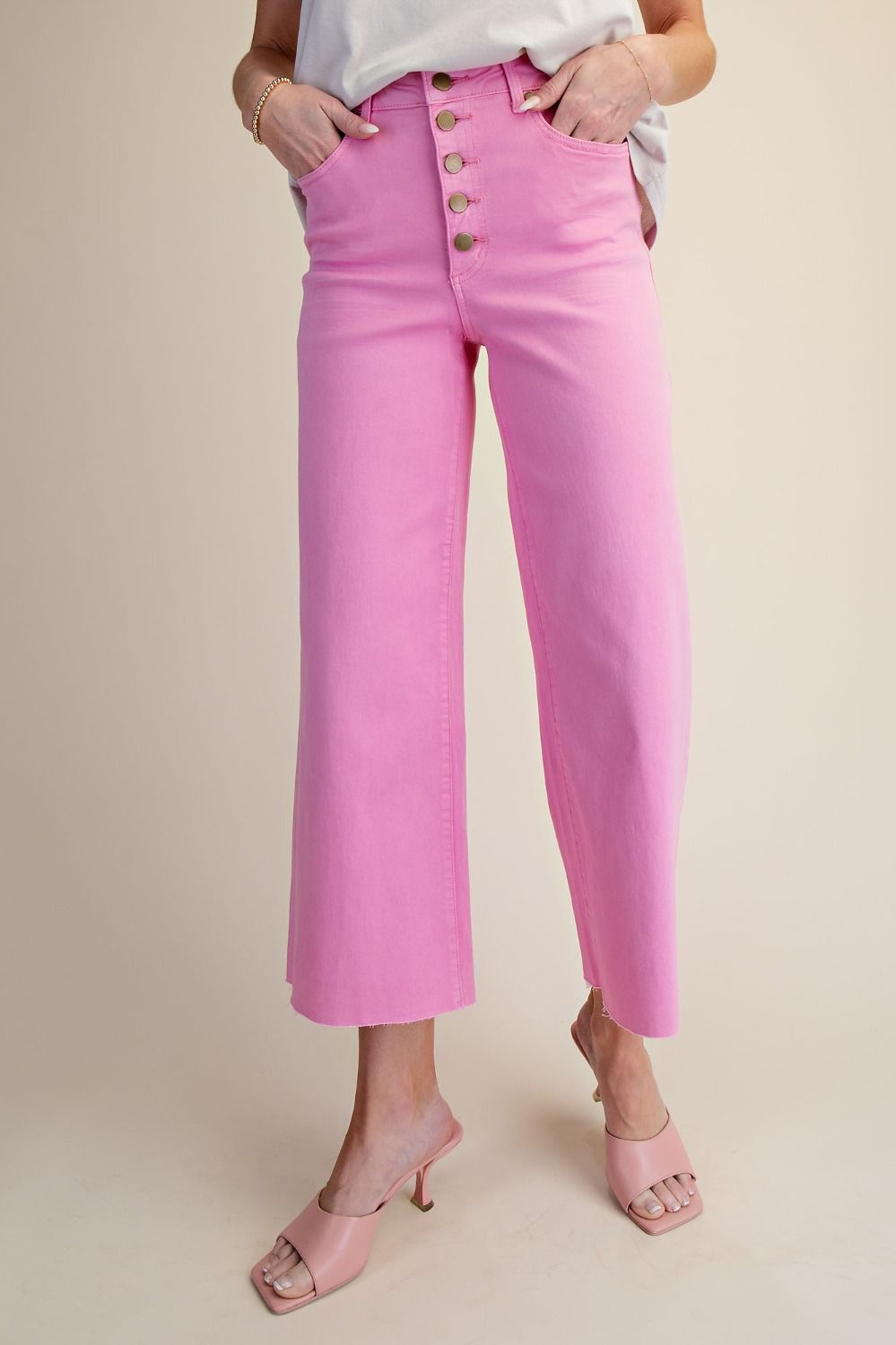 PINK BUTTON FRONT WIDE LEG STRETCH JEAN