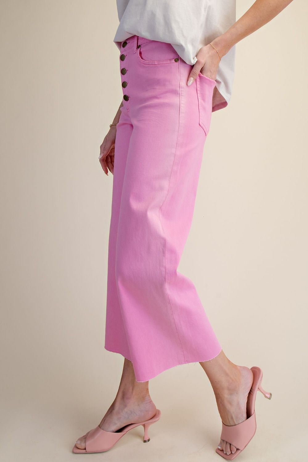 PINK BUTTON FRONT WIDE LEG STRETCH JEAN