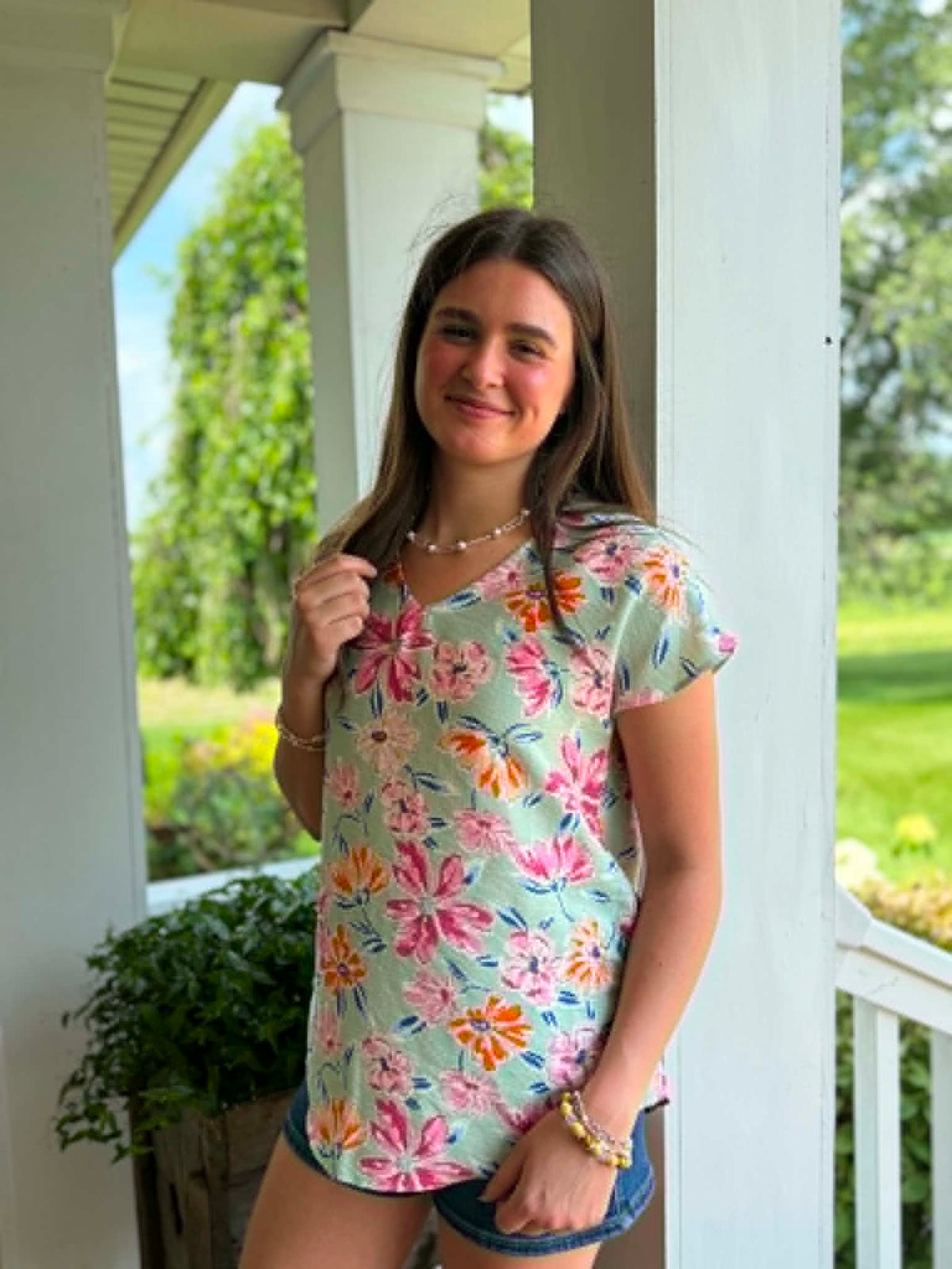 MINT/PINK/ORANGE FLORAL V NECK WOVEN TOP