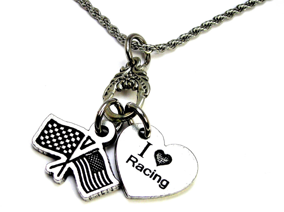 Chubby Chico Charms - Racing flag American flag  I love  racing Chain Necklace