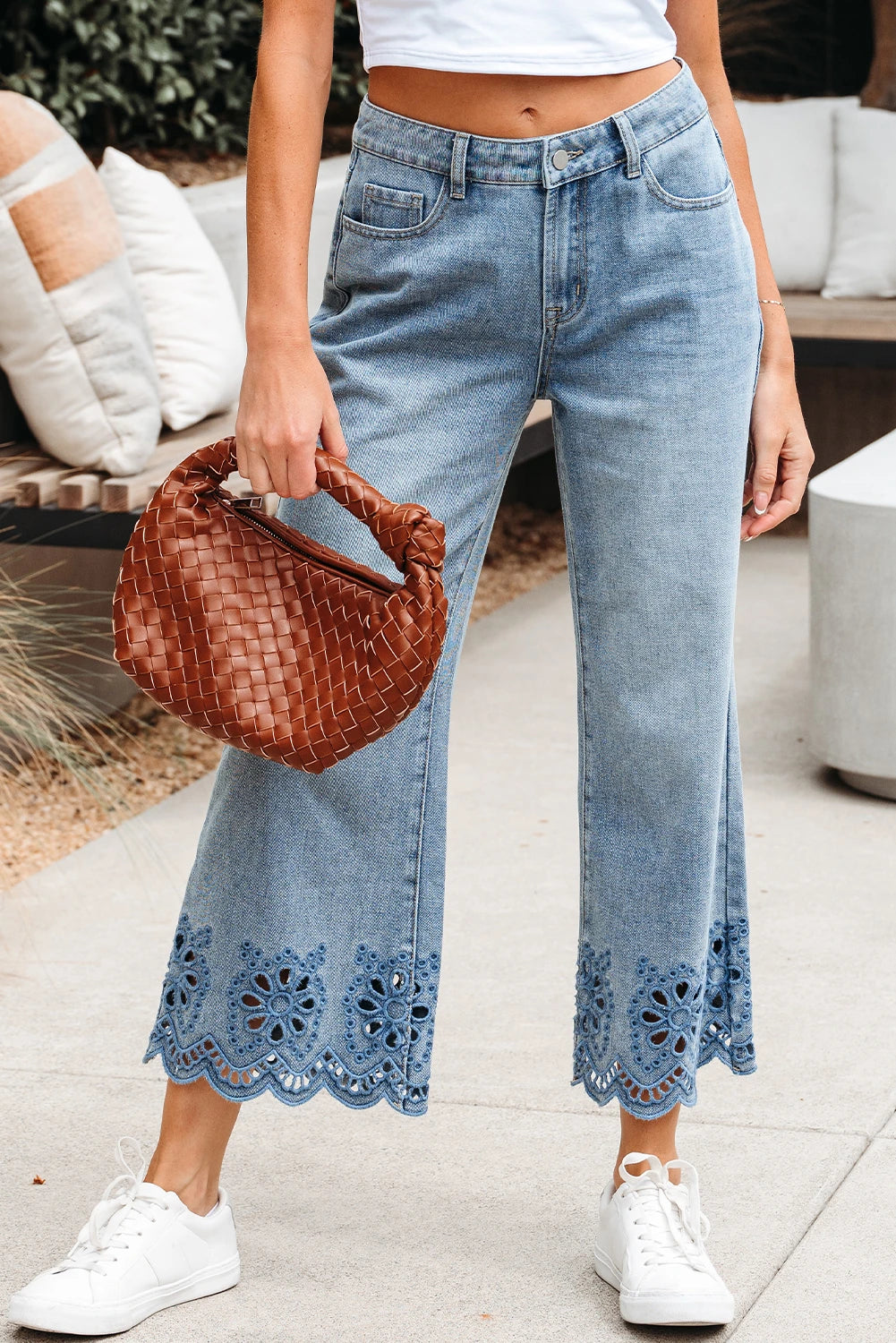 DENIM CROPPED WIDE LEG EMBROIDERED JEANS
