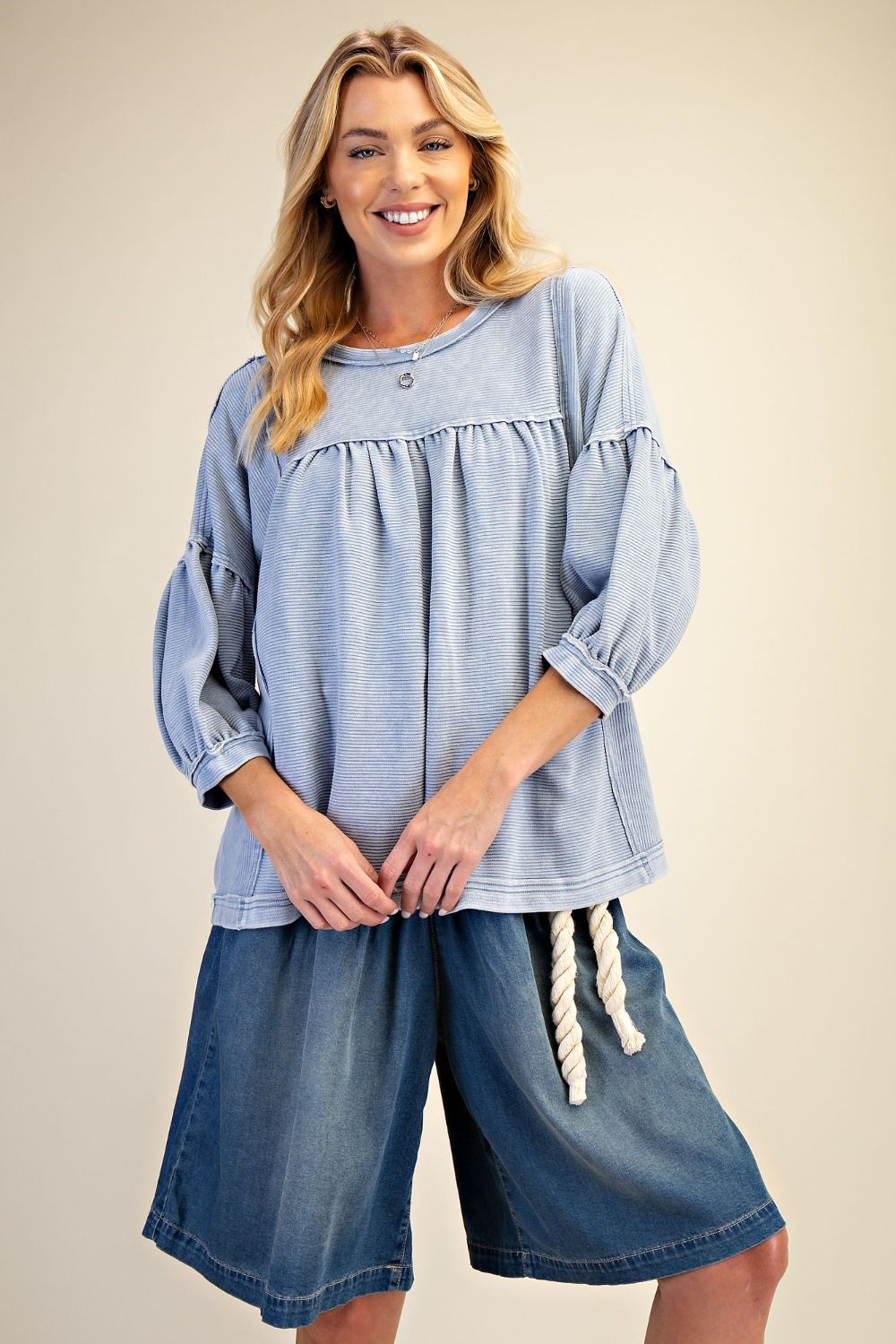 BLUE RIBBED KNIT OVERSIZED MINERAL WASH TOP