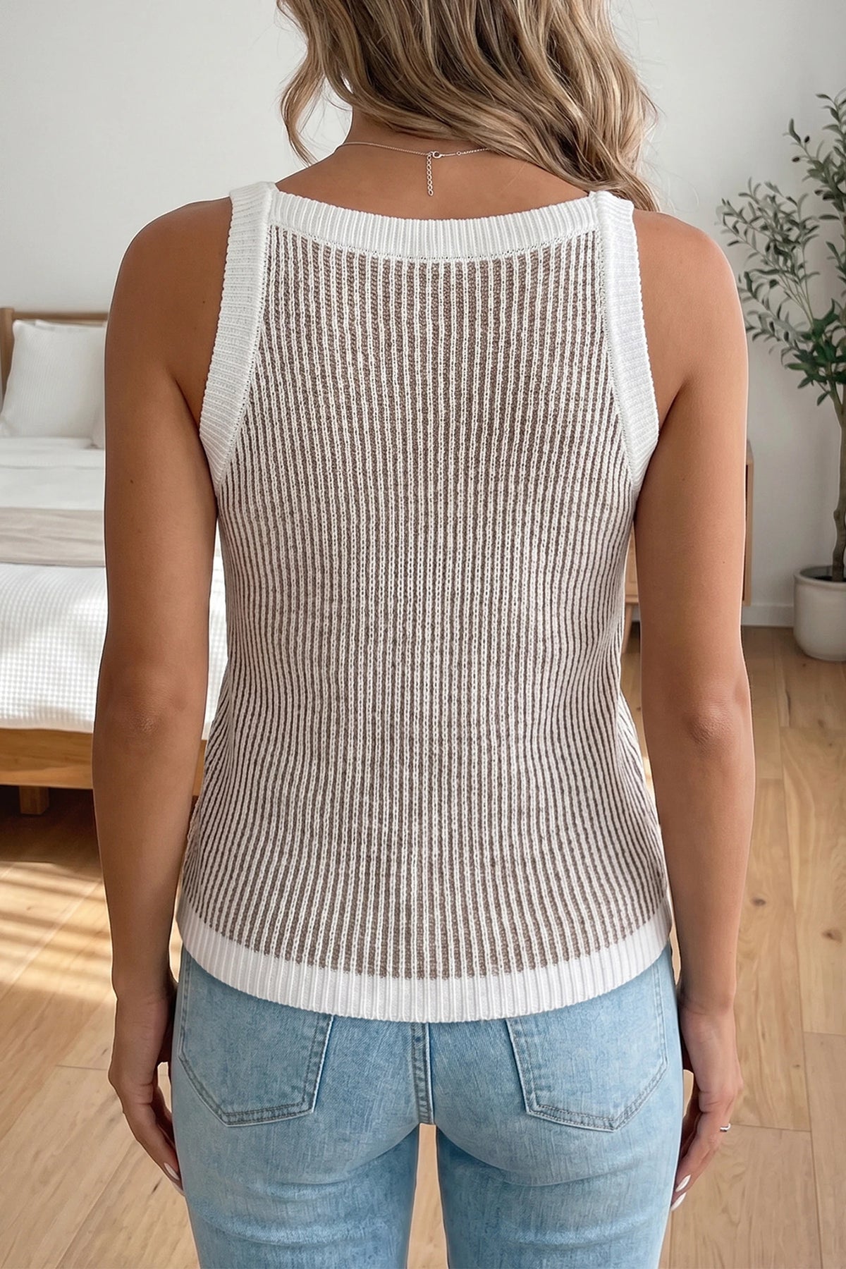 KHAKI LIGHT WEIGHT SWEATER KNIT SLEEVELESS TOP