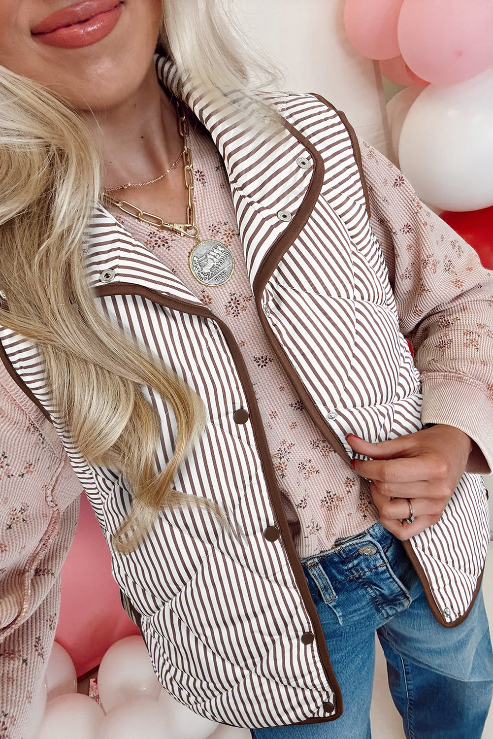 BROWN AND WHITE PINSTRIPED SNAP BUTTON VEST