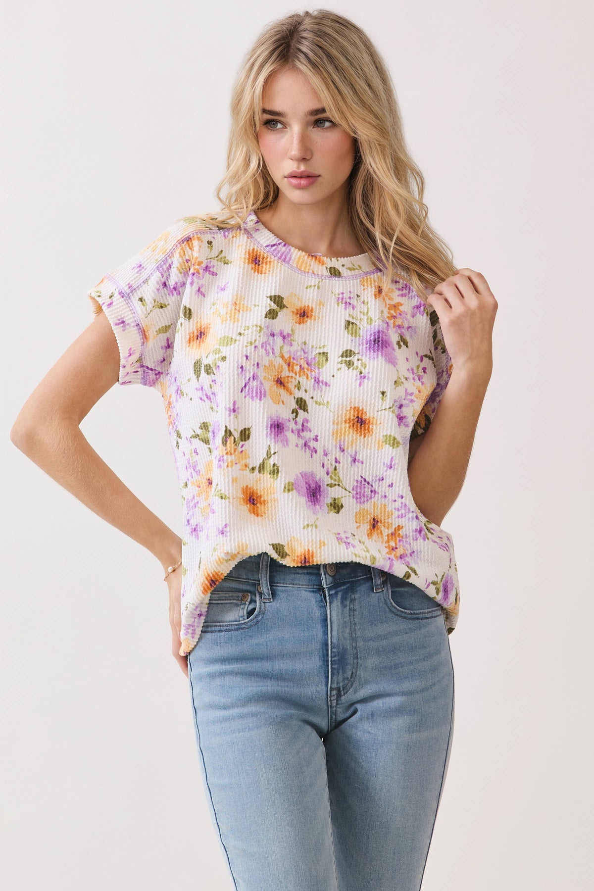 BOMBOM - TA2430 Floral Ribbed Short Sleeve Knit Top: Floral / English / XL