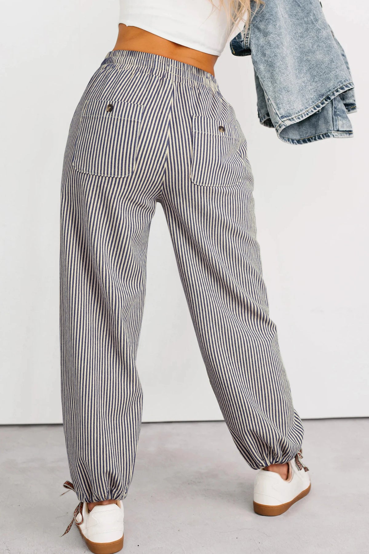 PINSTRIPE BUTTON PATCH DRAWSTRING PANTS