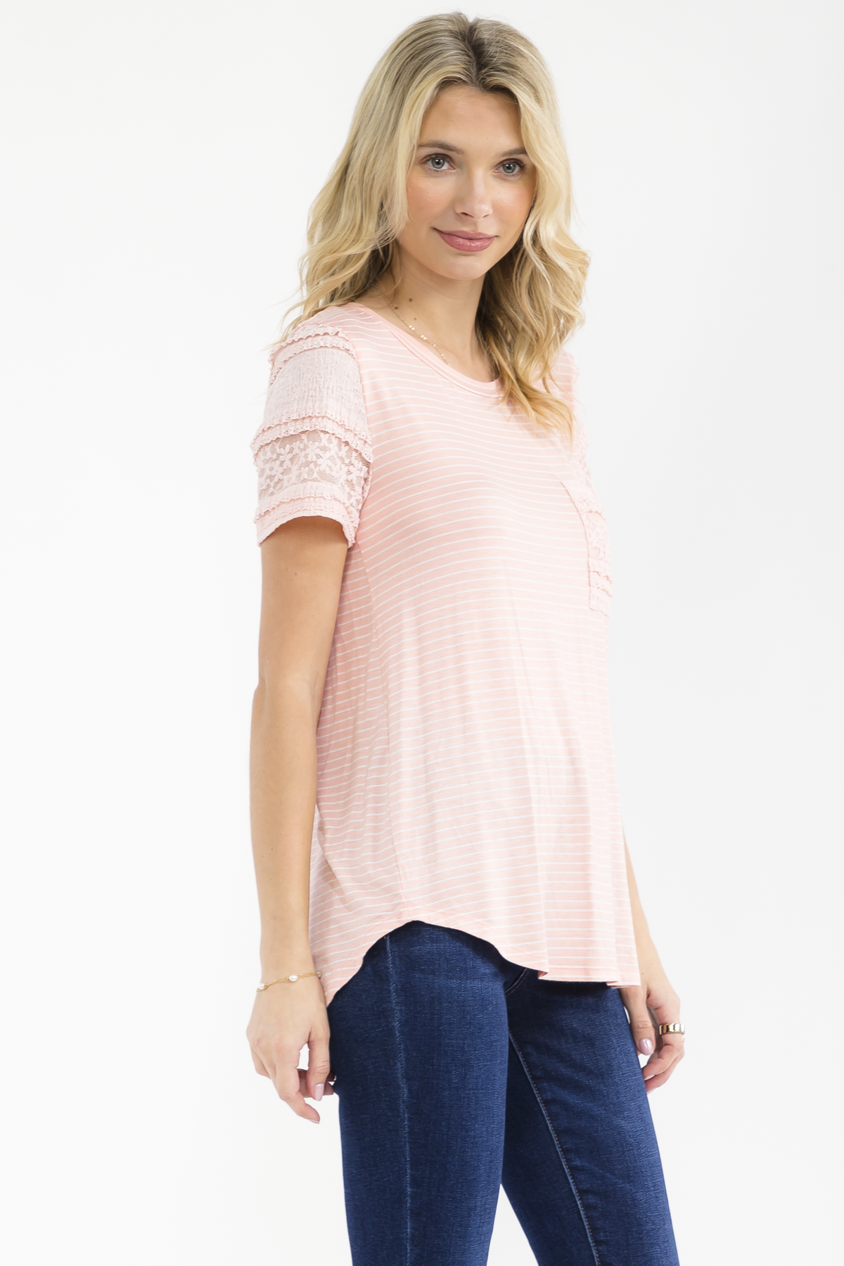 PEACH STRIPED KNIT TOP W/ LACE TRIM