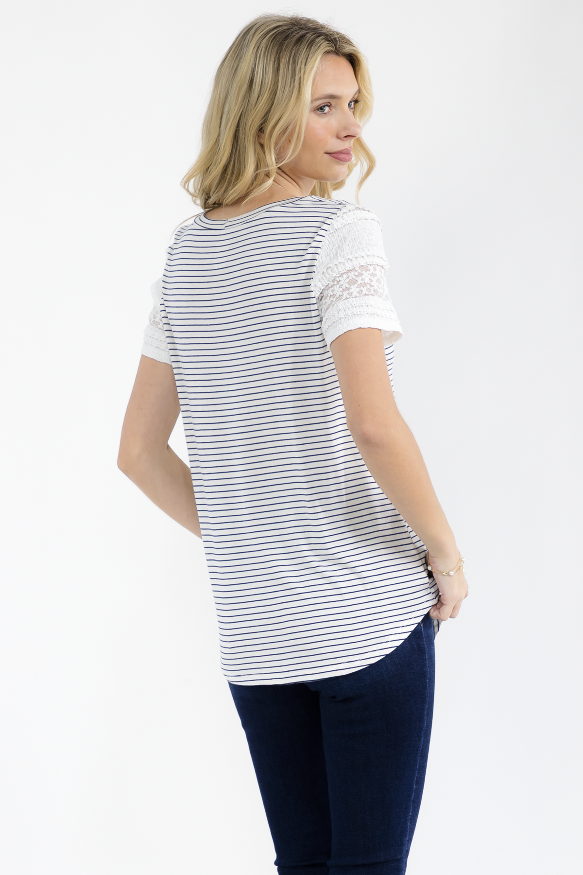 BLACK AND WHITE STRIPED KNIT TOP W/ LACE TRIM