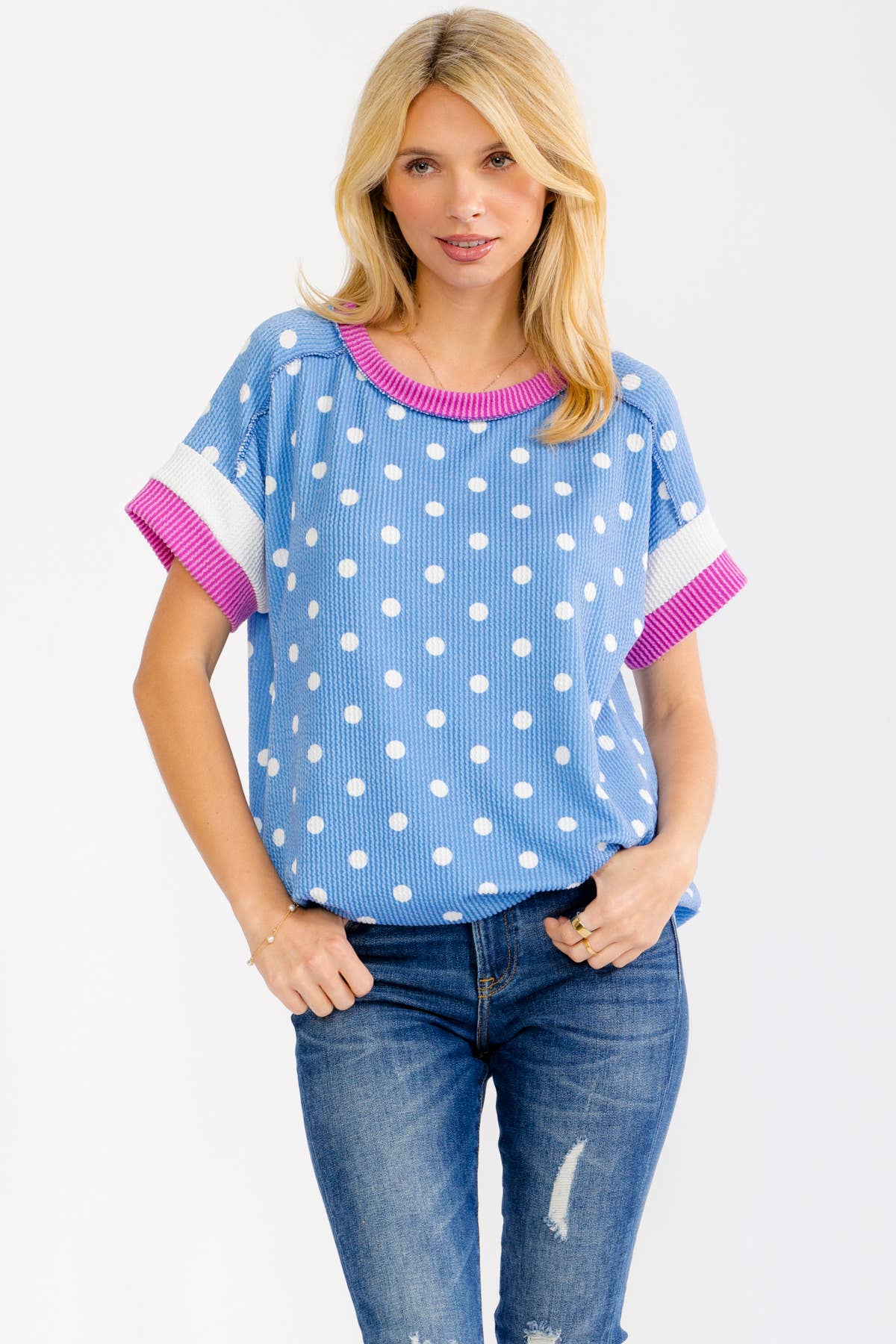 BLUE POLKA DOT RAISED RIBBED KNIT TOP W/ CONTRAST SLEEVE