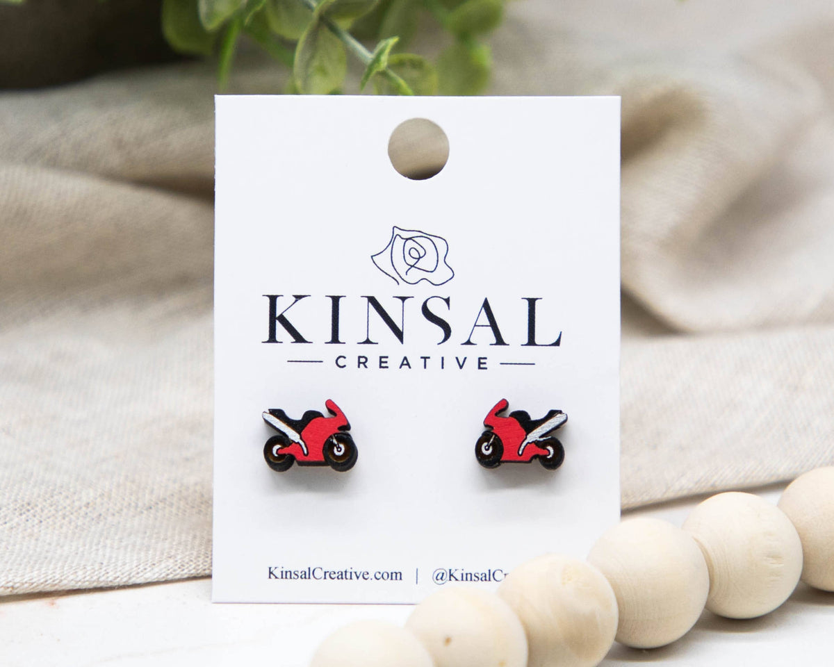 Kinsal Creative - Motorcycle Wood Stud Earrings: Red