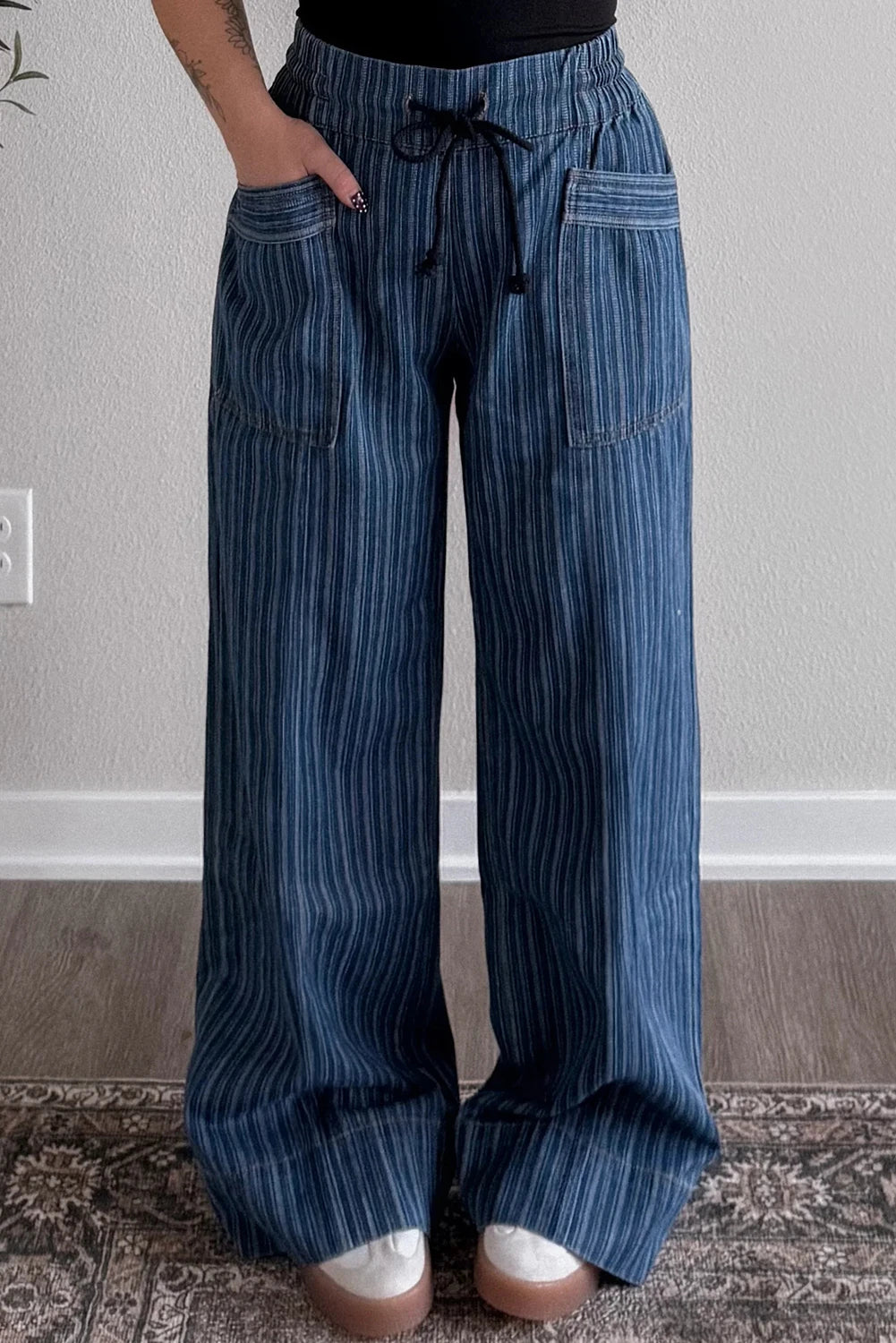 DARK DENIM STRIPED DAWSTRING JEANS