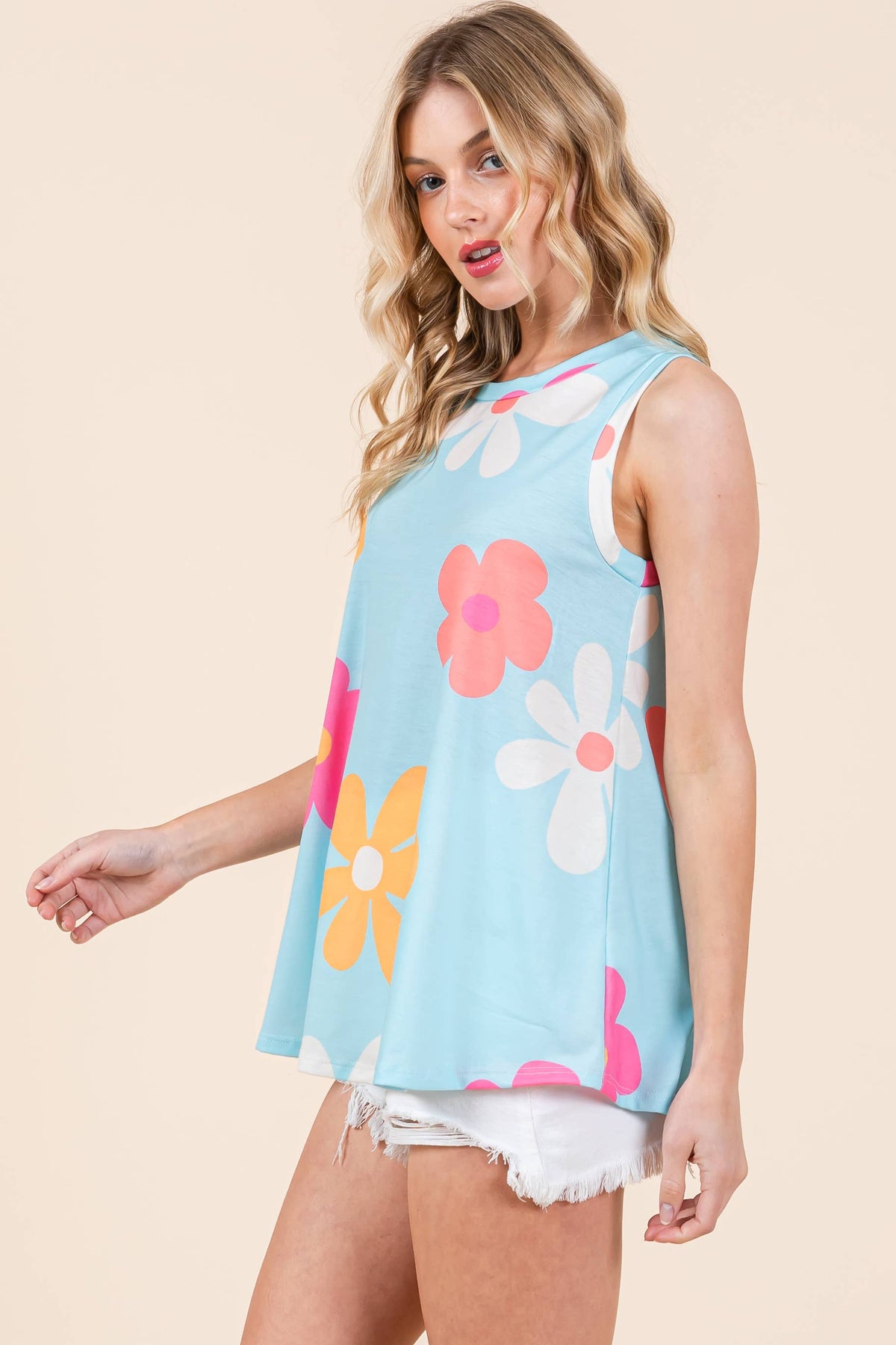 BOMBOM - TA2246 Blossom Pop Retro Floral Sleeveless Top: Blue / Floral / L