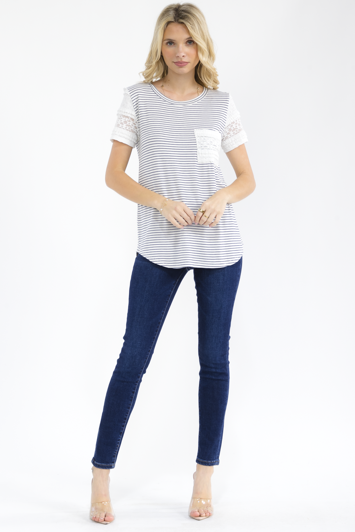 BLACK AND WHITE STRIPED KNIT TOP W/ LACE TRIM