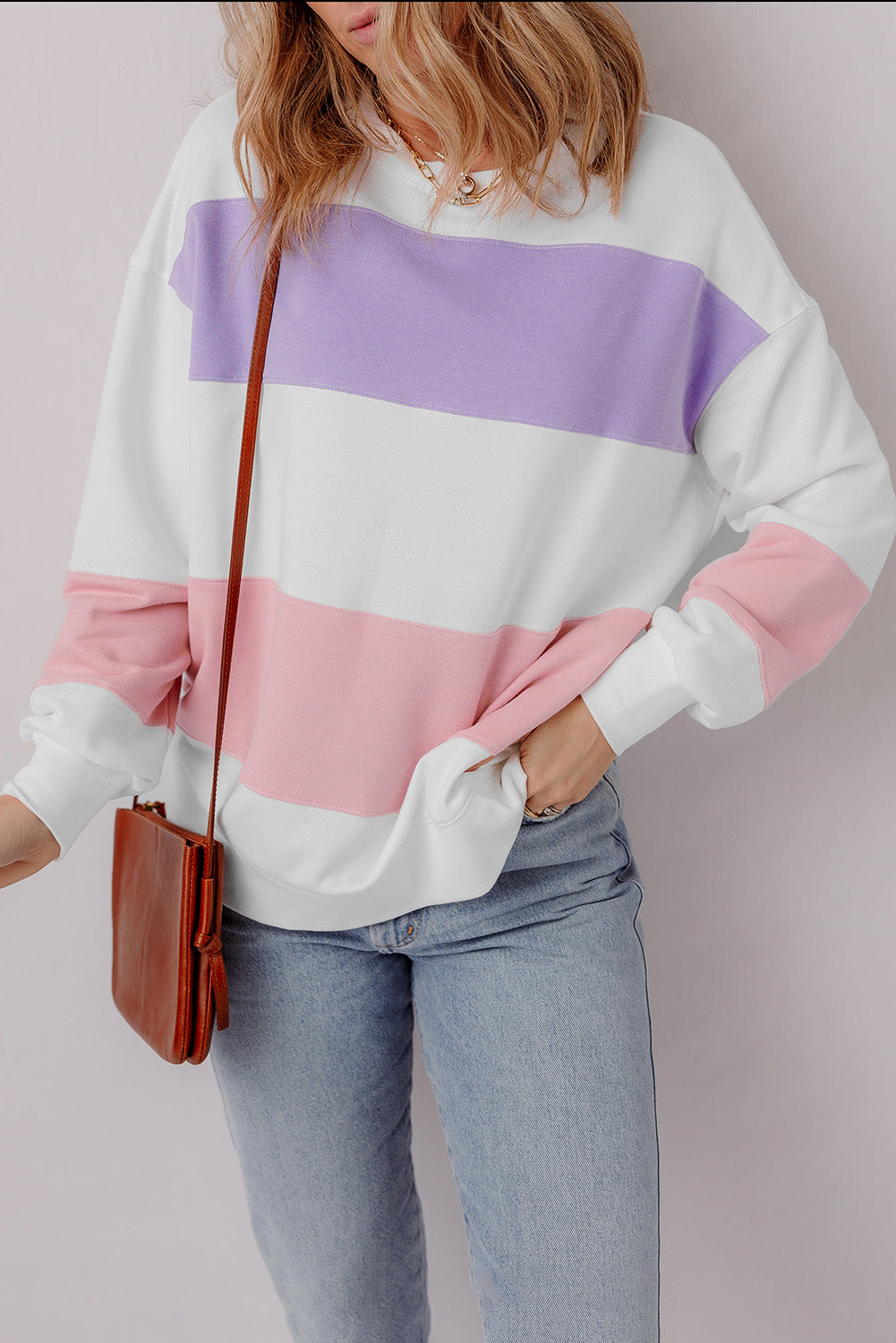 CREAM/PINK/LAVENDER COLORBLOCK FRENCH TERRY PULLOVER